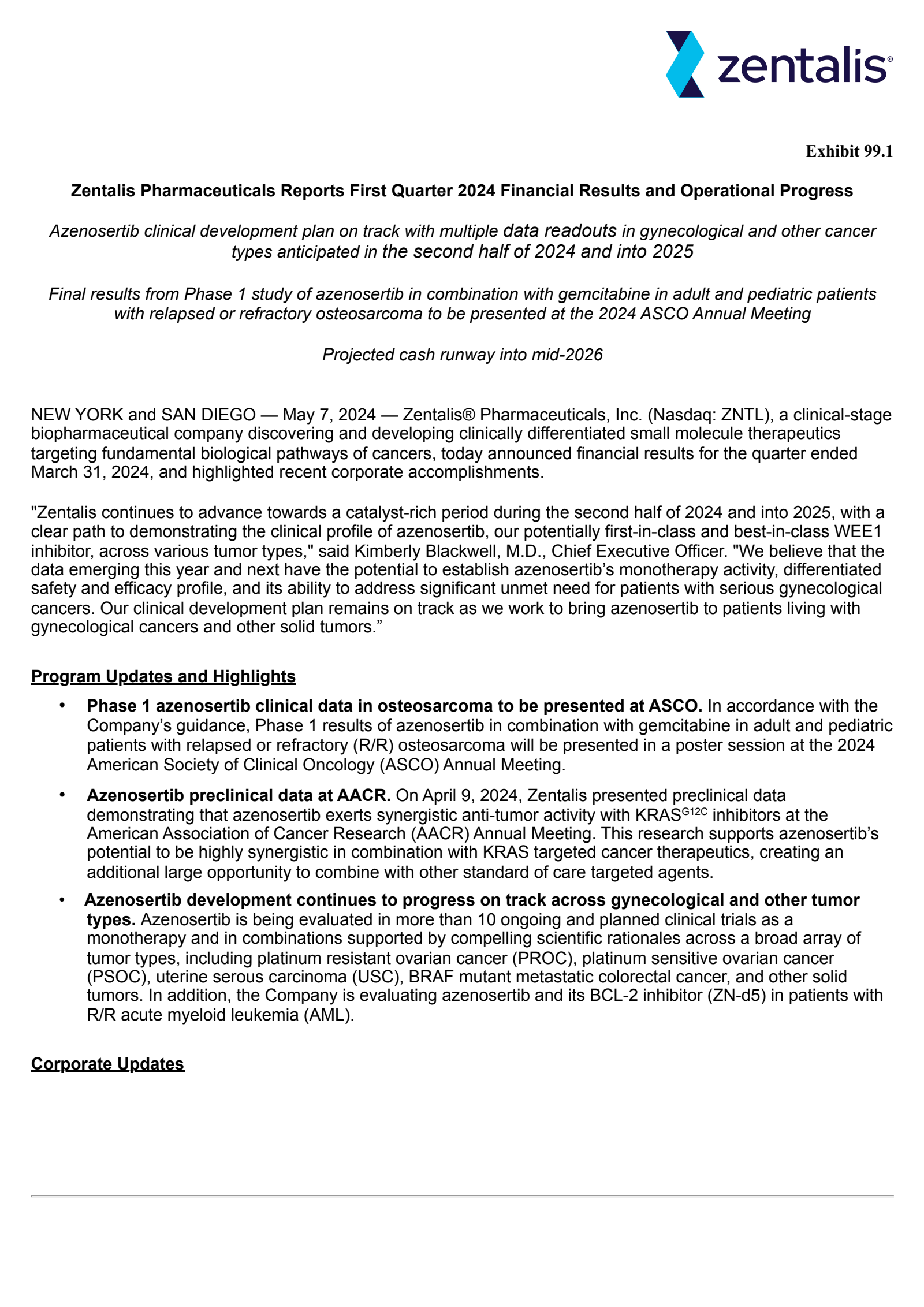 Zentalis Pharmaceuticals' Q1 2024 Press Release