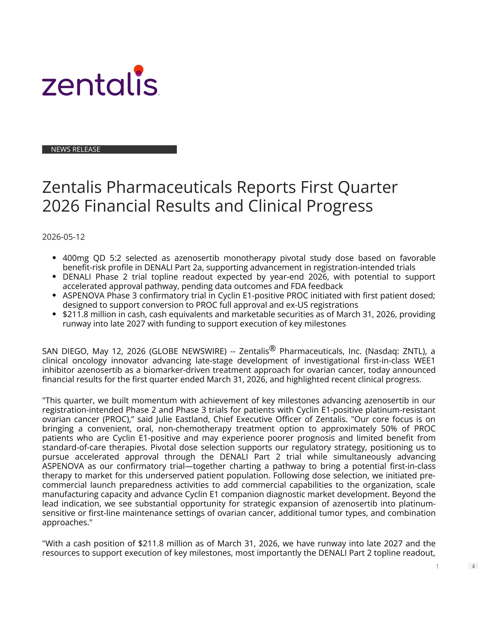 Zentalis Pharmaceuticals' Q1 2026 Press Release