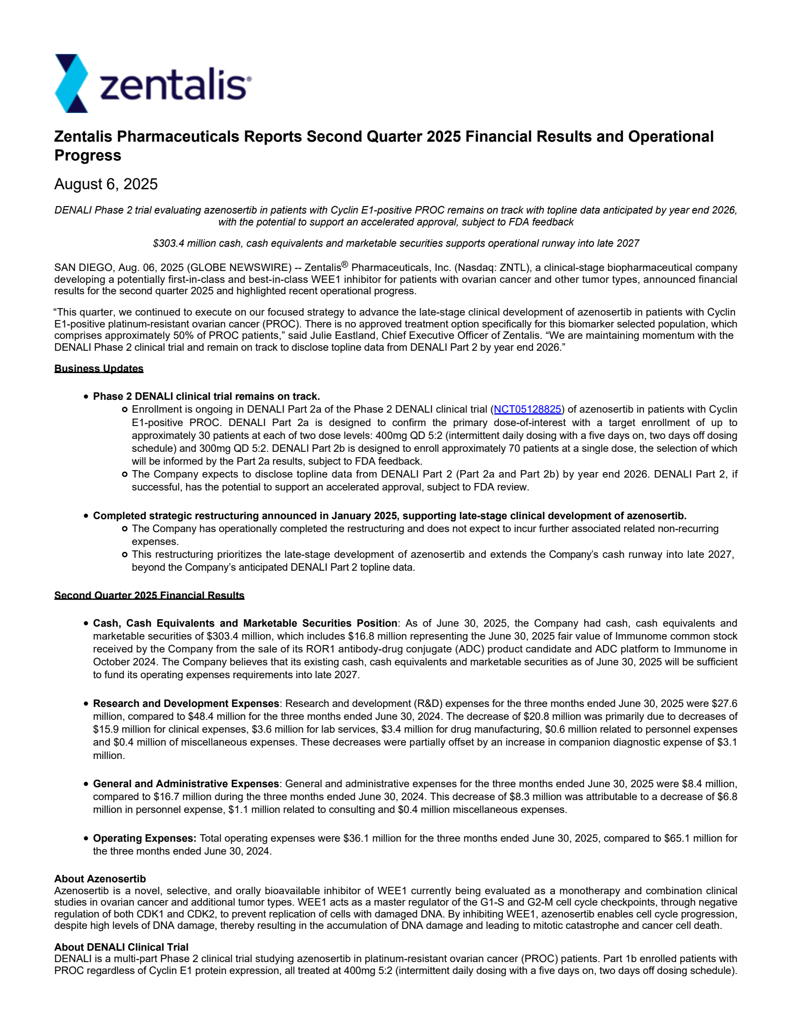 Zentalis Pharmaceuticals' Q2 2025 Press Release