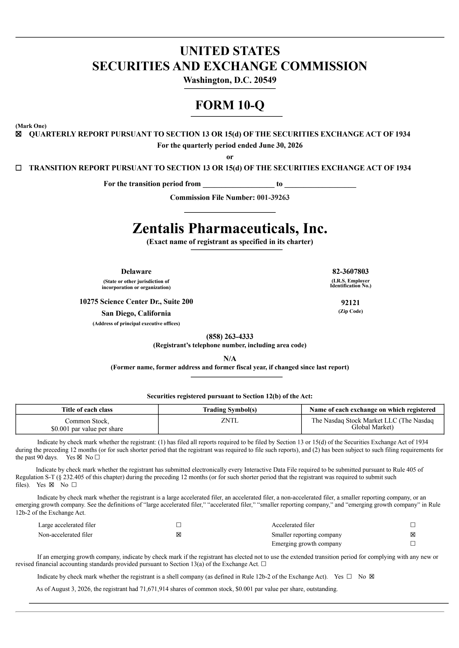 Zentalis Pharmaceuticals' Q2 2026 Quarterly report