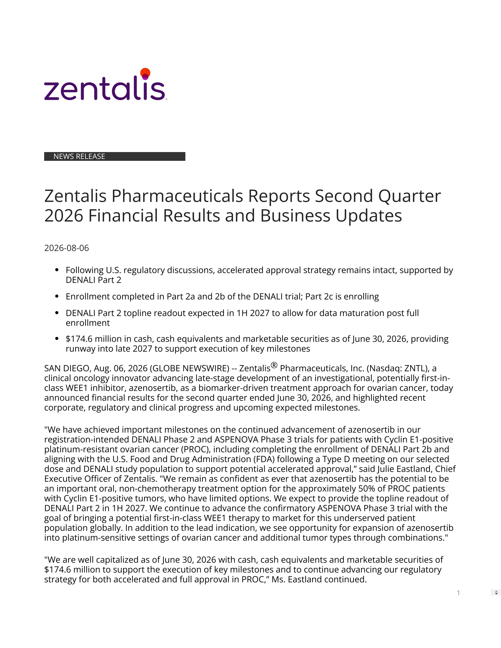 Zentalis Pharmaceuticals' Q2 2026 Press Release