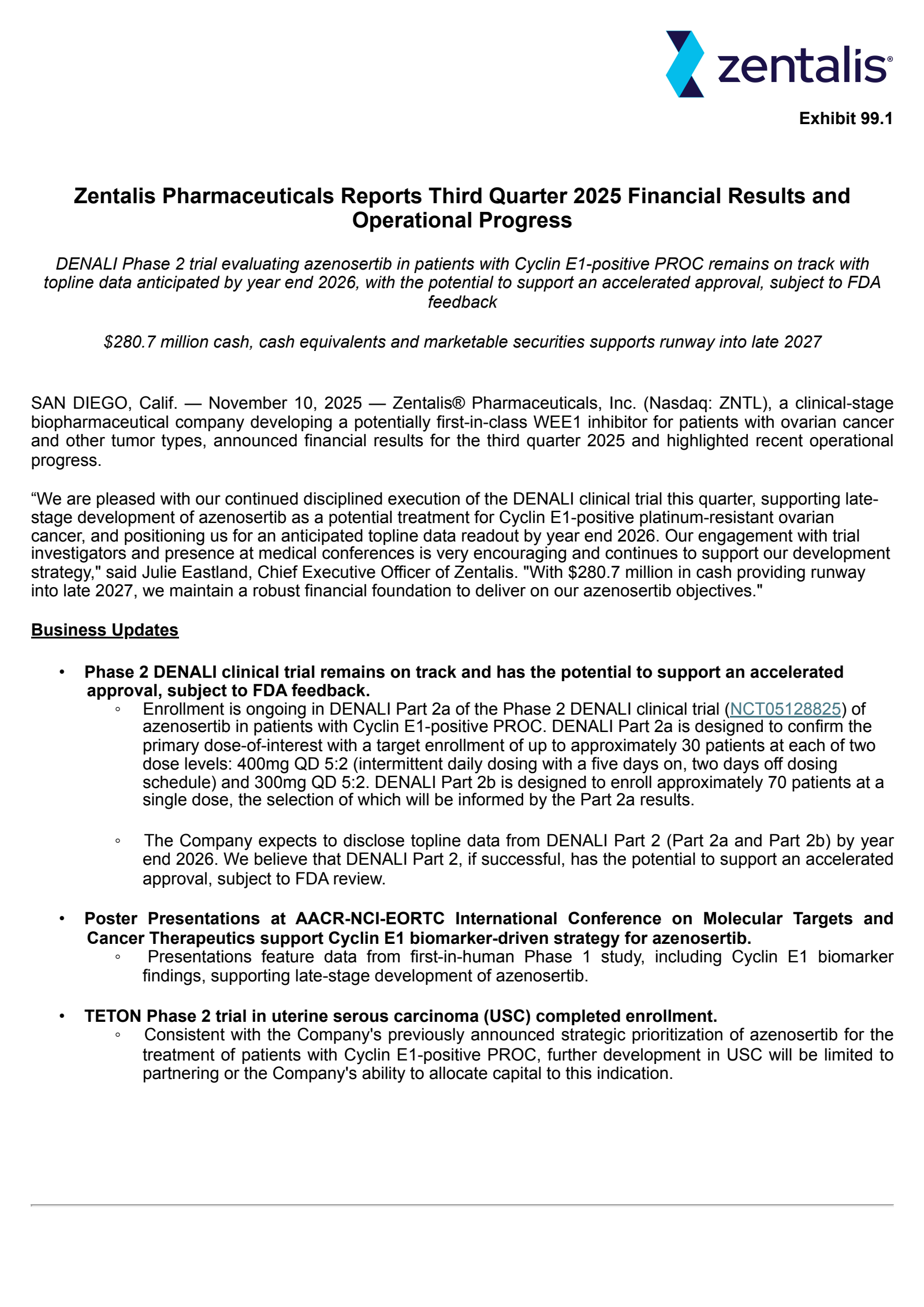 Zentalis Pharmaceuticals' Q3 2025 Earnings Release