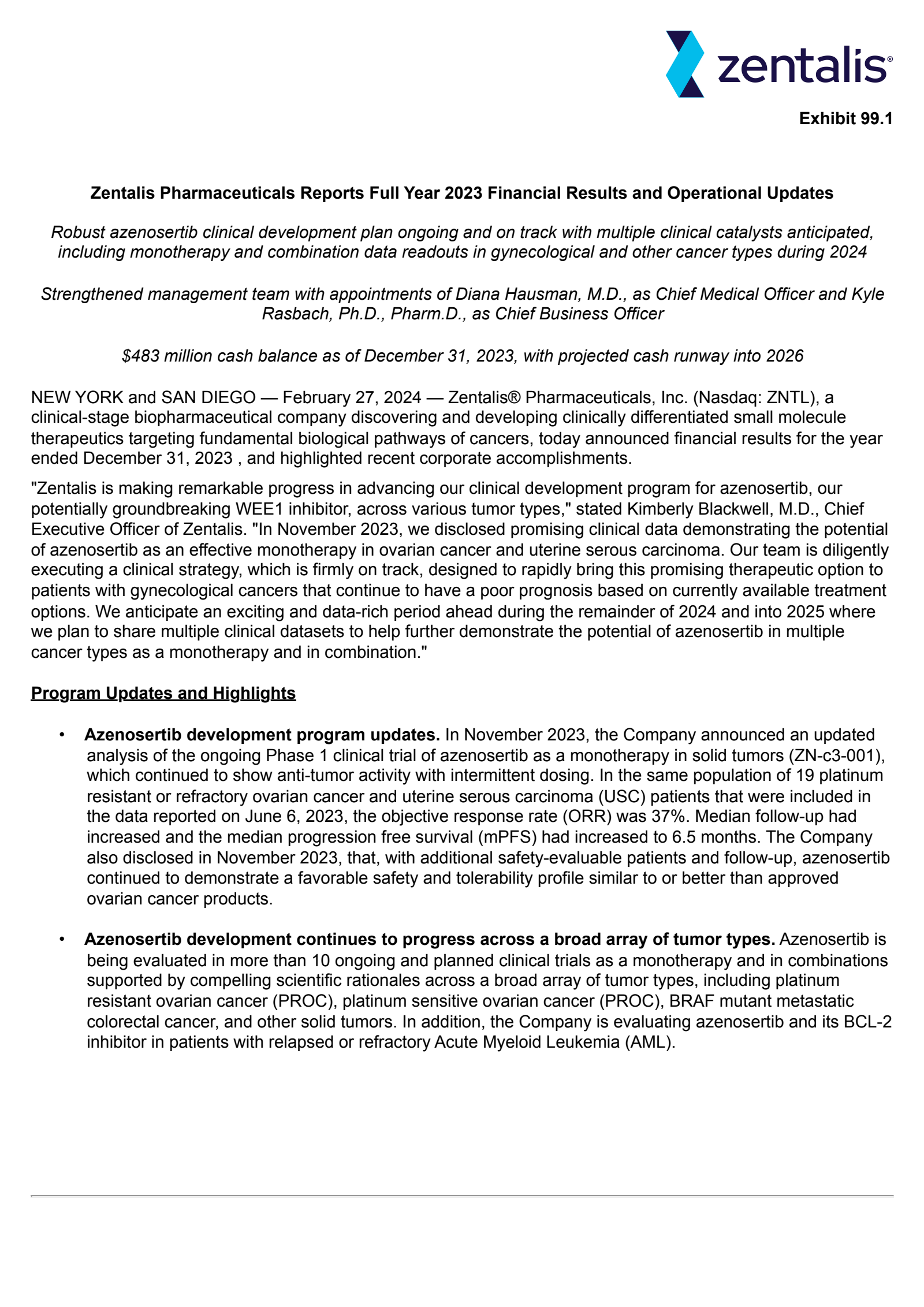 Zentalis Pharmaceuticals' Q4 2023 Press Release