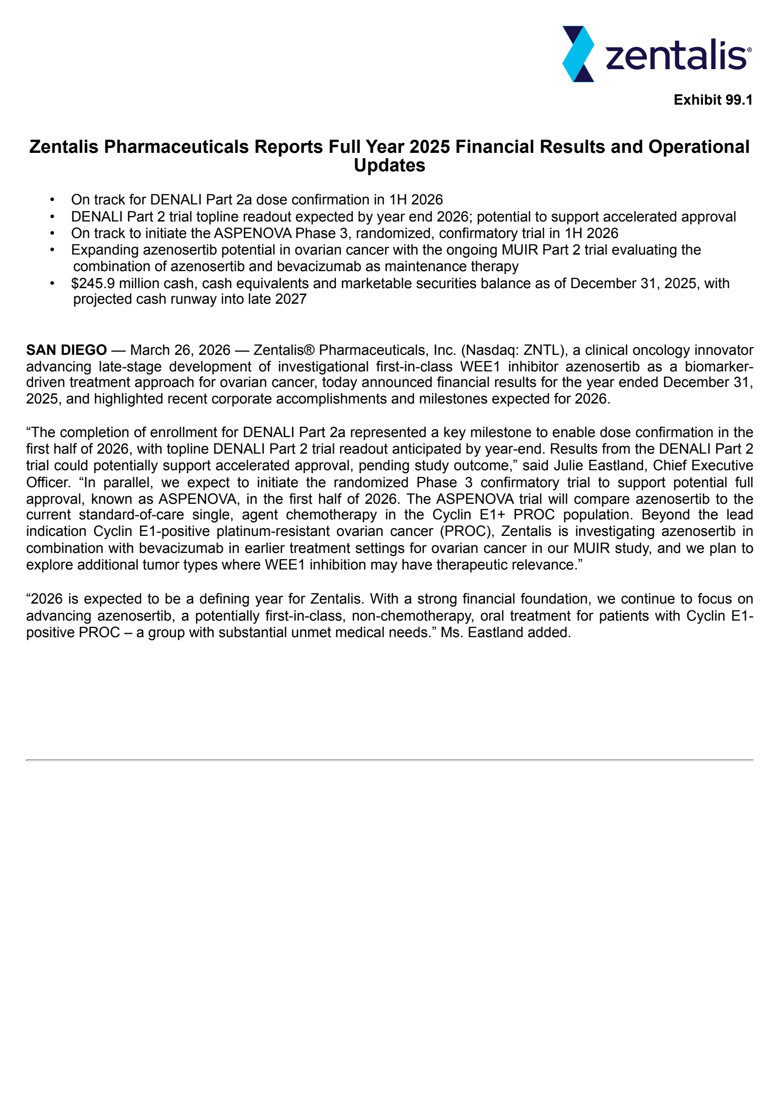 Zentalis Pharmaceuticals' Q4 2025 Press Release