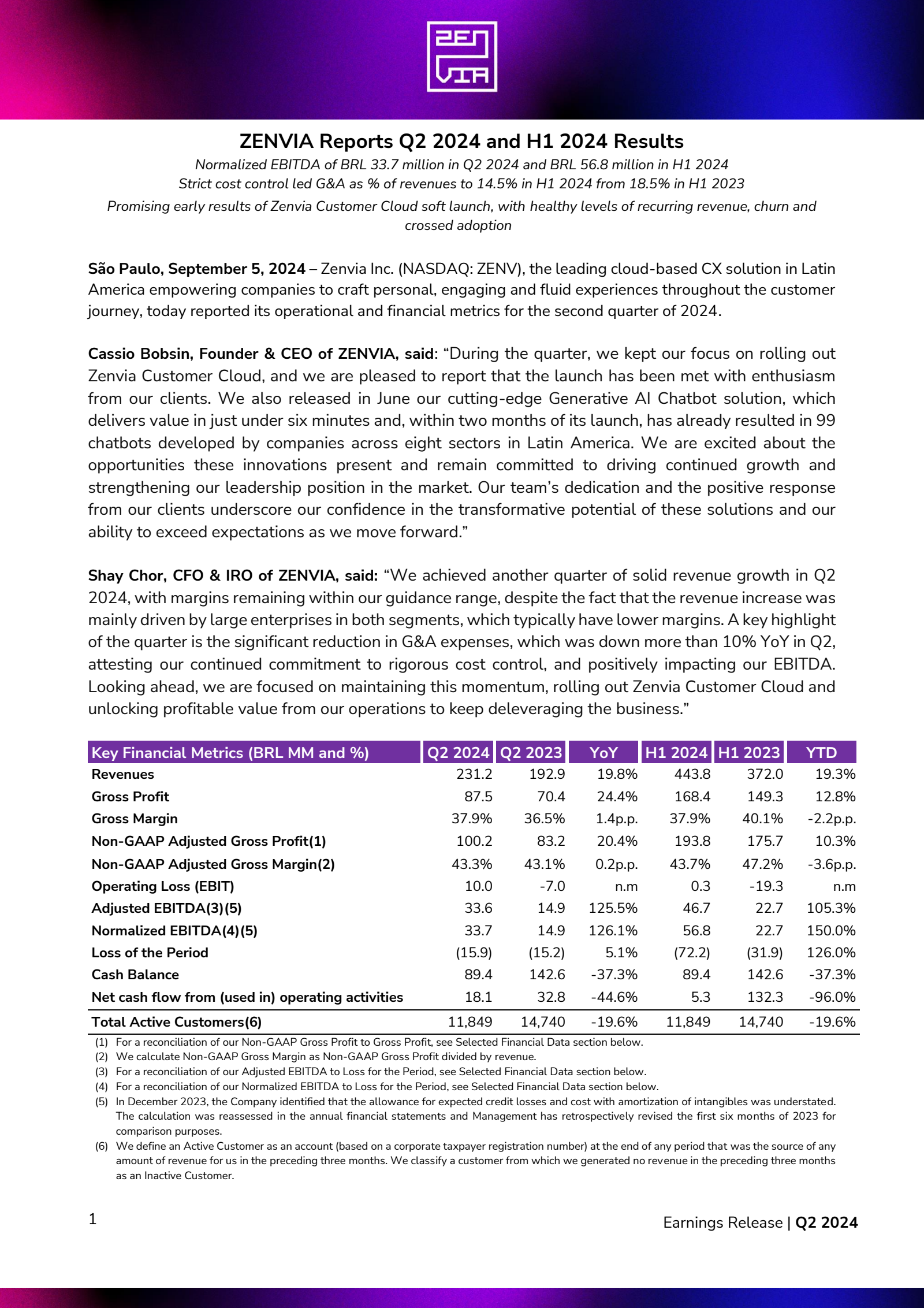 Zenvia's Q2 2024 Press Release
