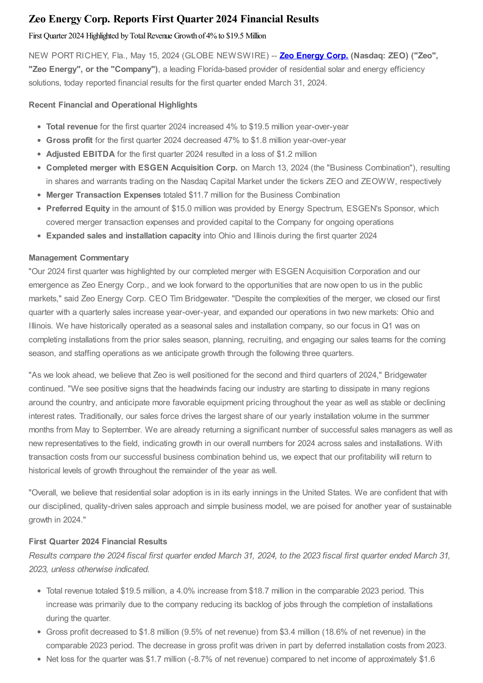 Zeo Energy's Q1 2024 Press Release