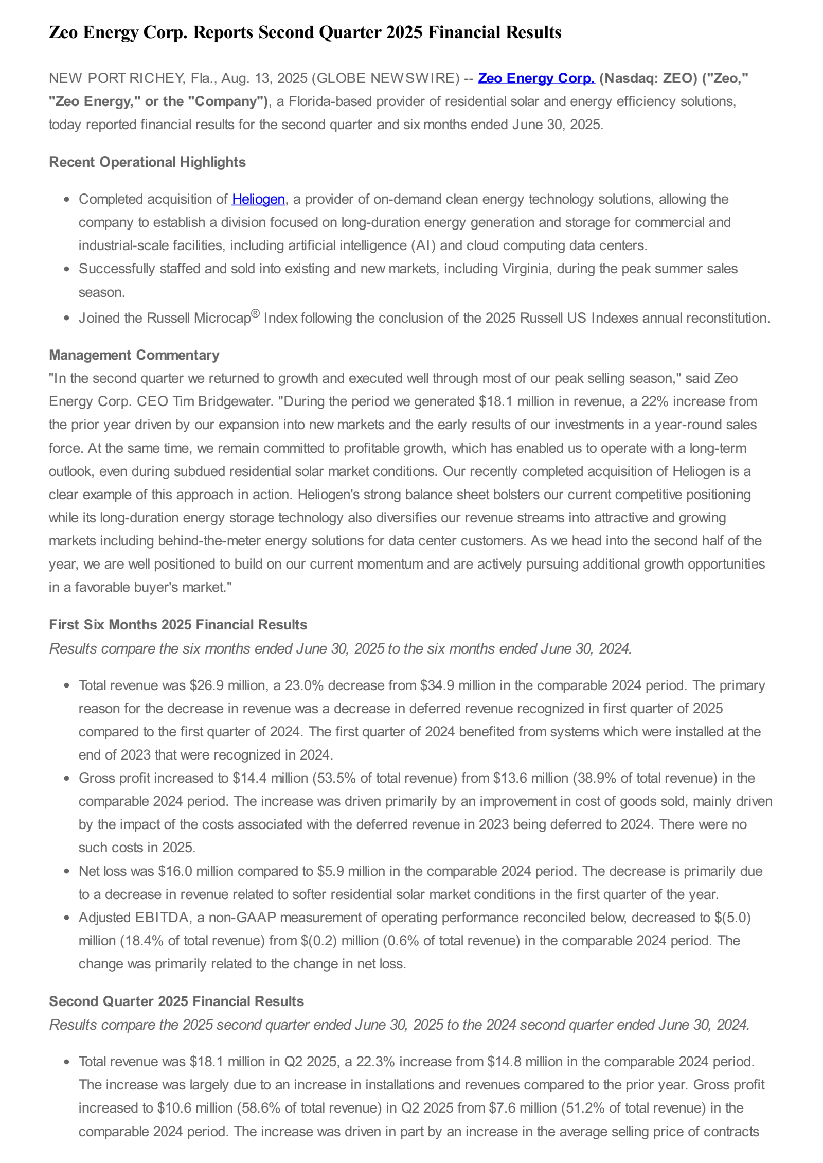 Zeo Energy's Q2 2025 Press Release
