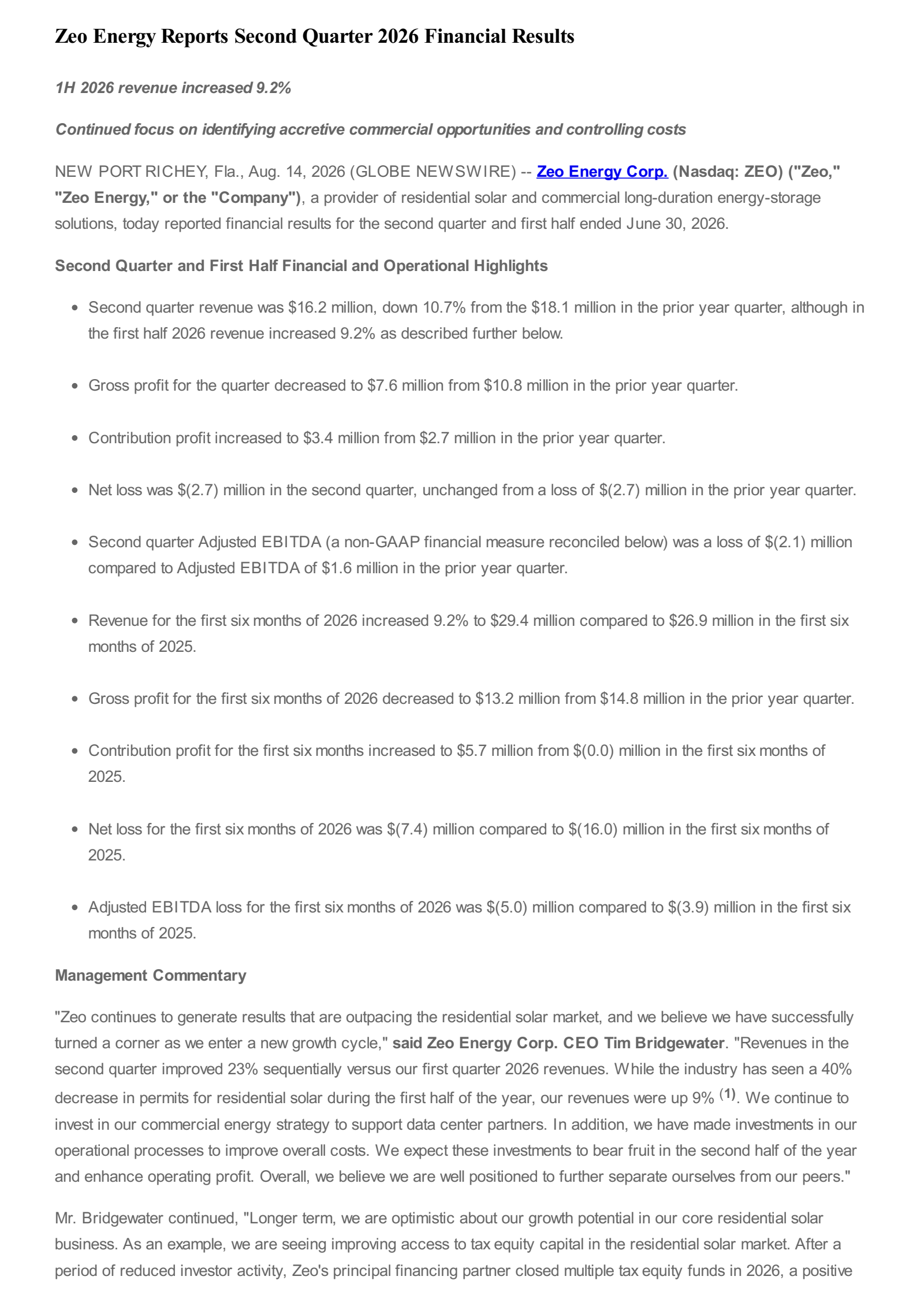 Zeo Energy's Q2 2026 Press Release