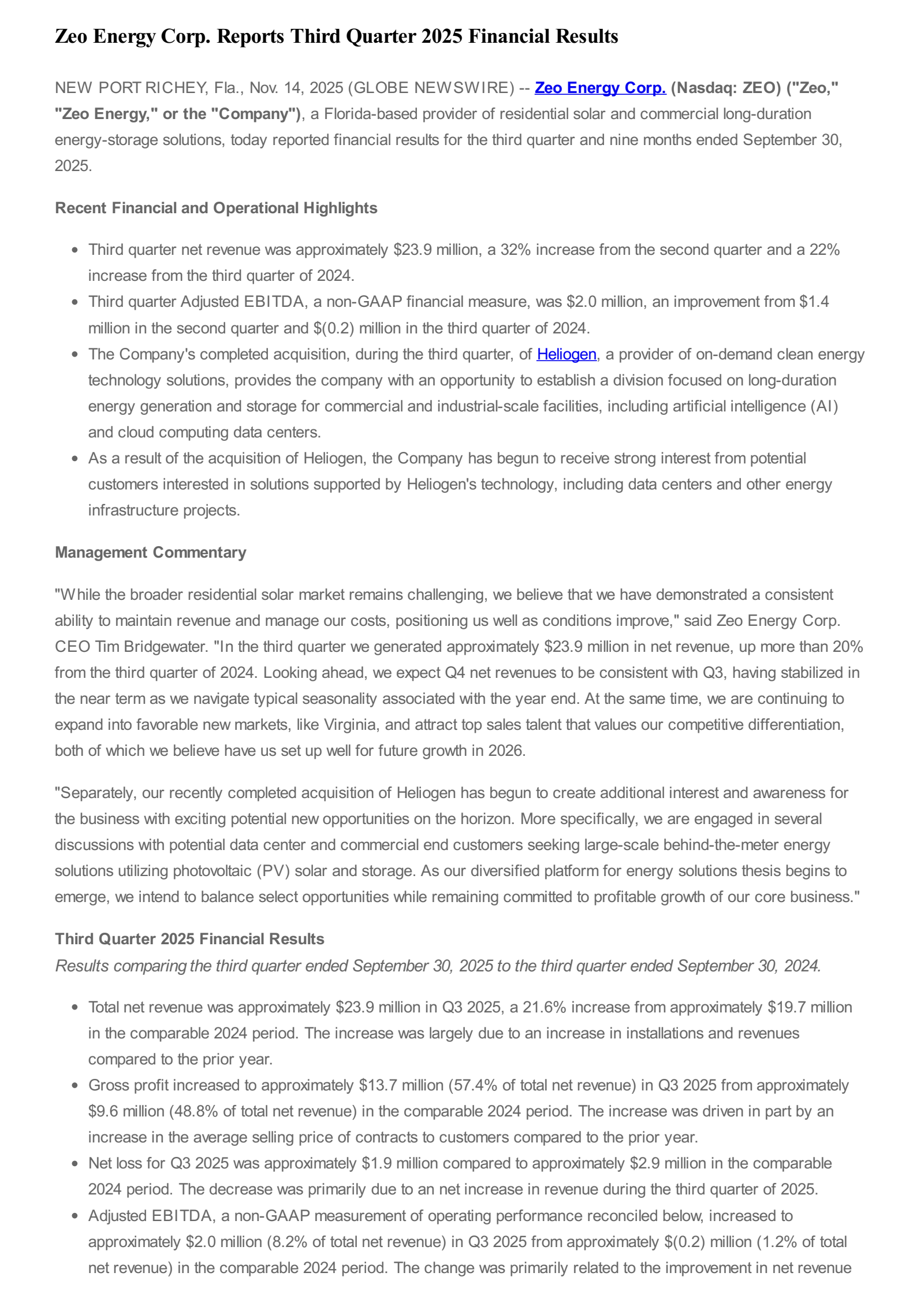 Zeo Energy's Q3 2025 Earnings Release