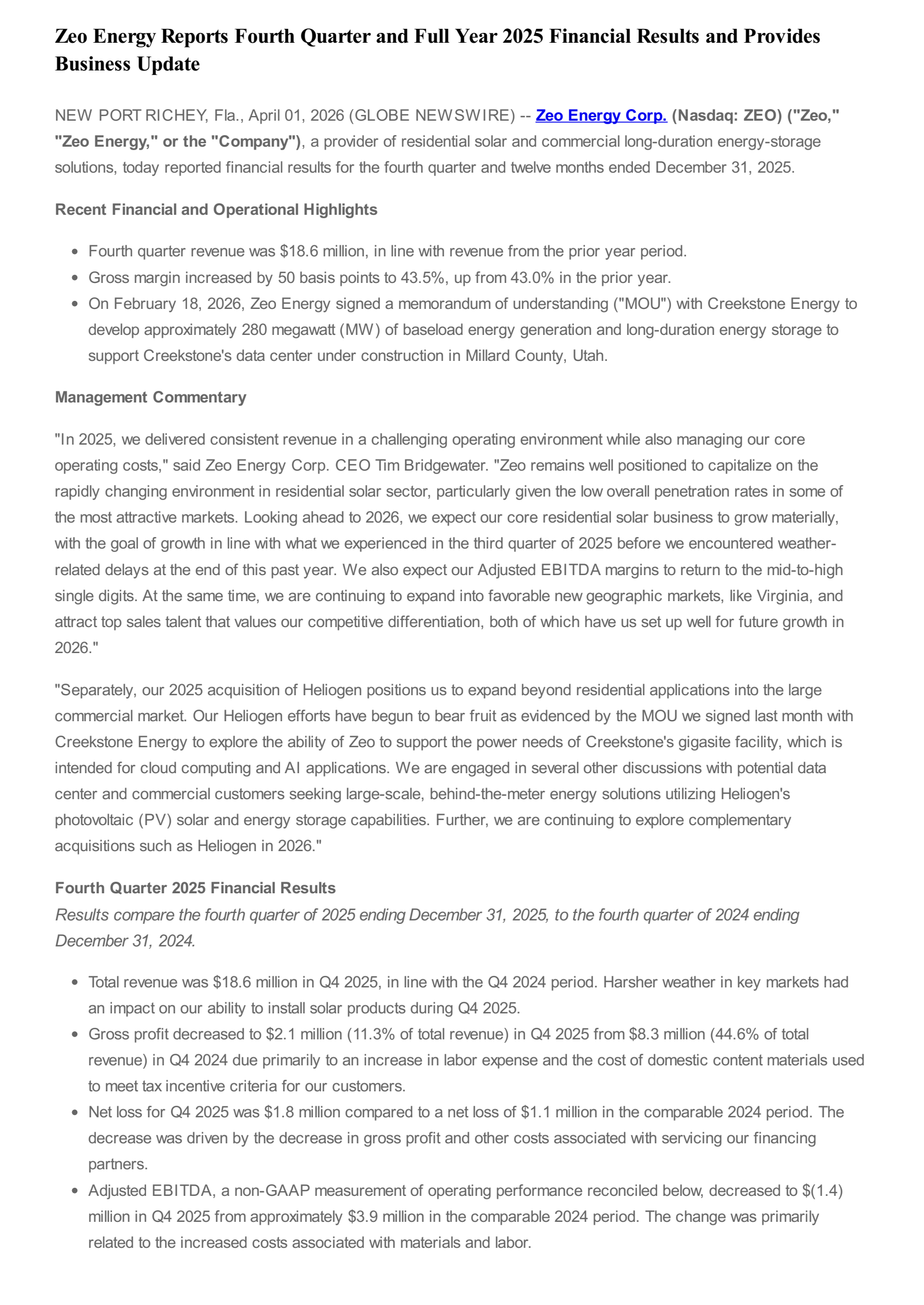 Zeo Energy's Q4 2025 Press Release