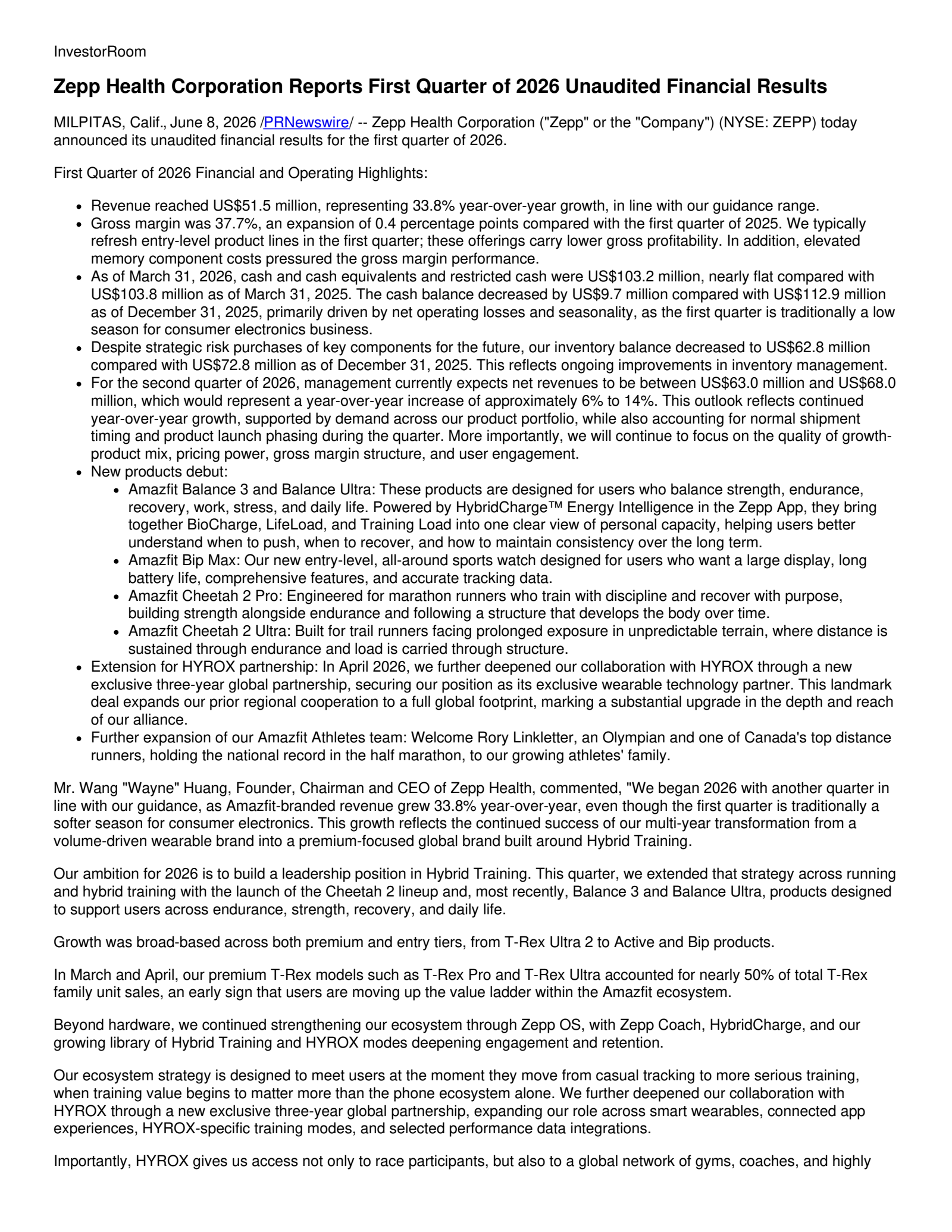 Zepp Health's Q1 2026 Press Release