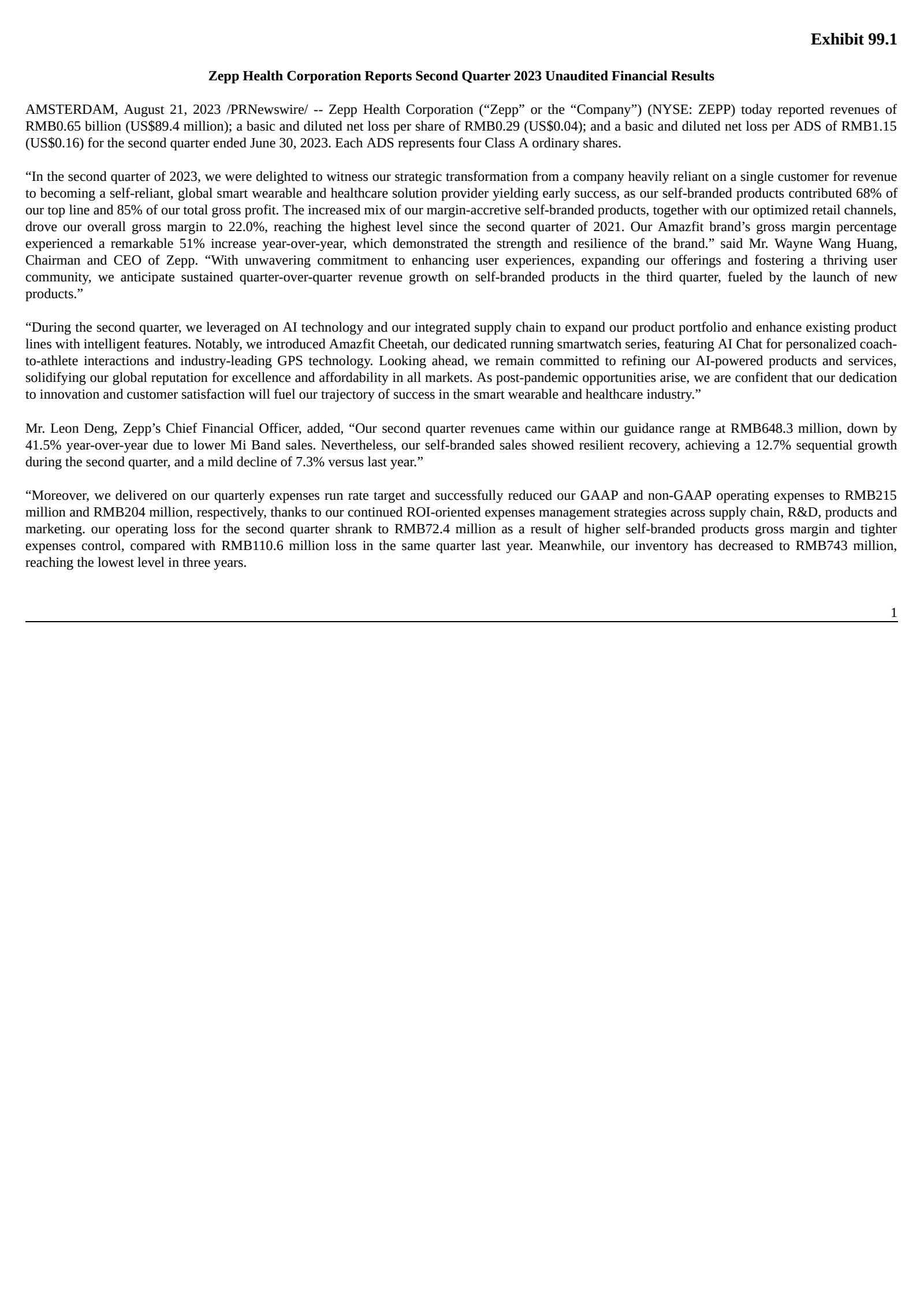 Zepp Health's Q2 2023 Press Release