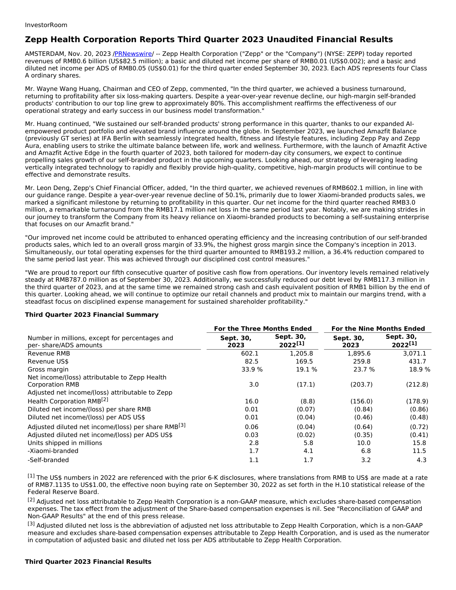 Zepp Health's Q3 2023 Press Release