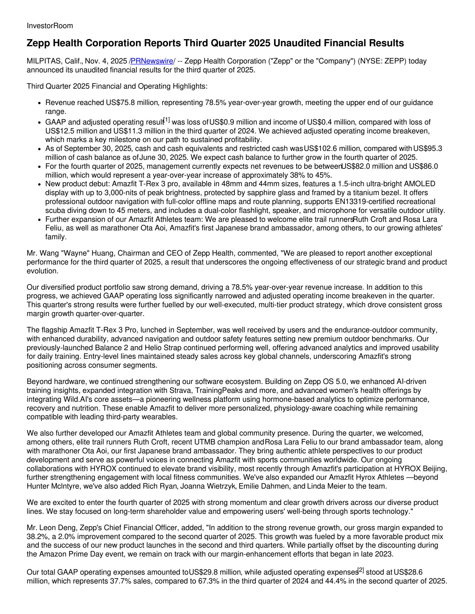 Zepp Health's Q3 2025 Earnings Release