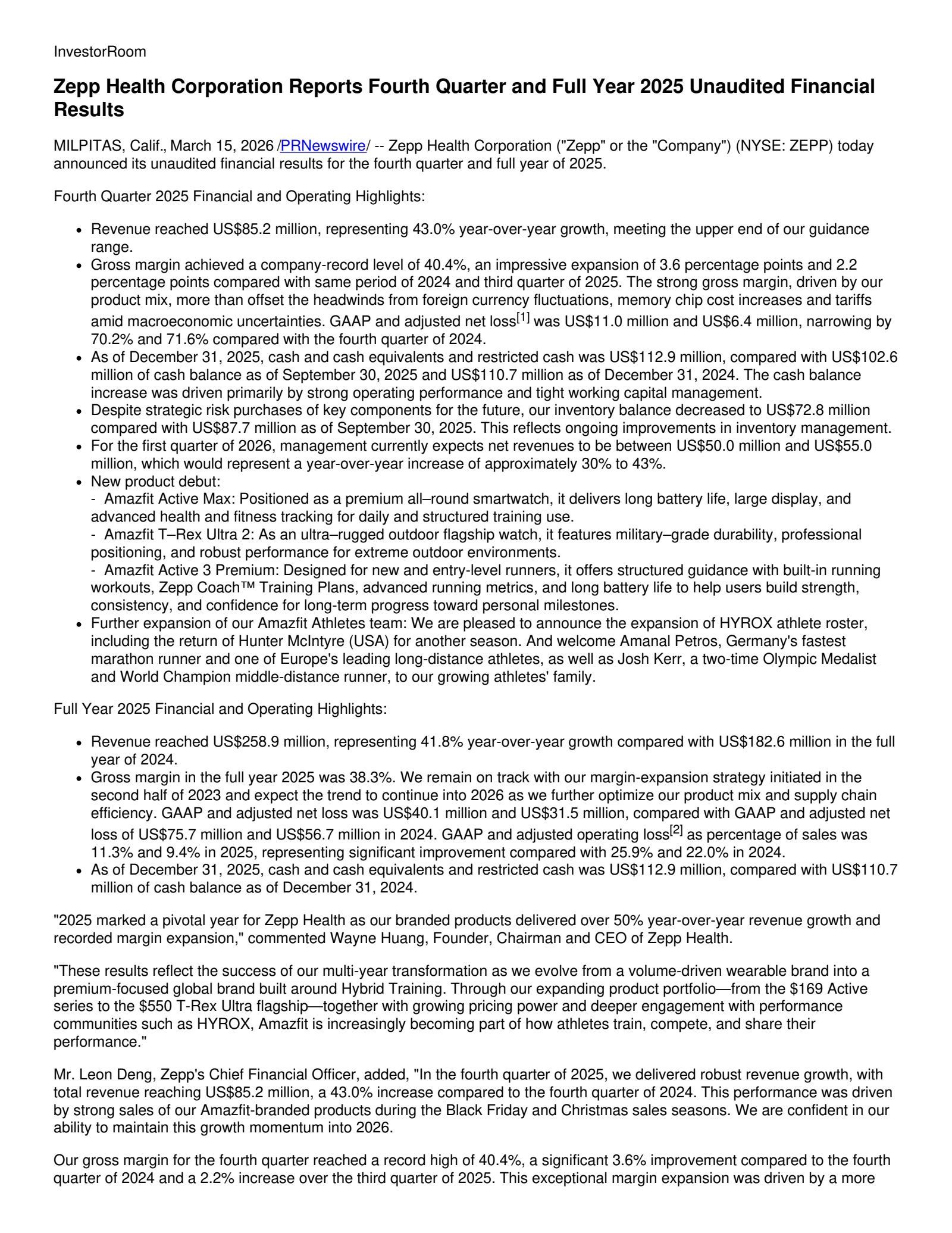 Zepp Health's Q4 2025 Press Release