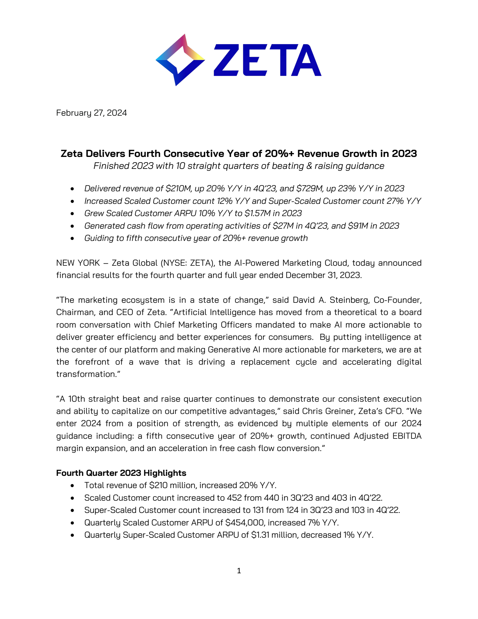 Zeta Global's Q4 2023 Press Release