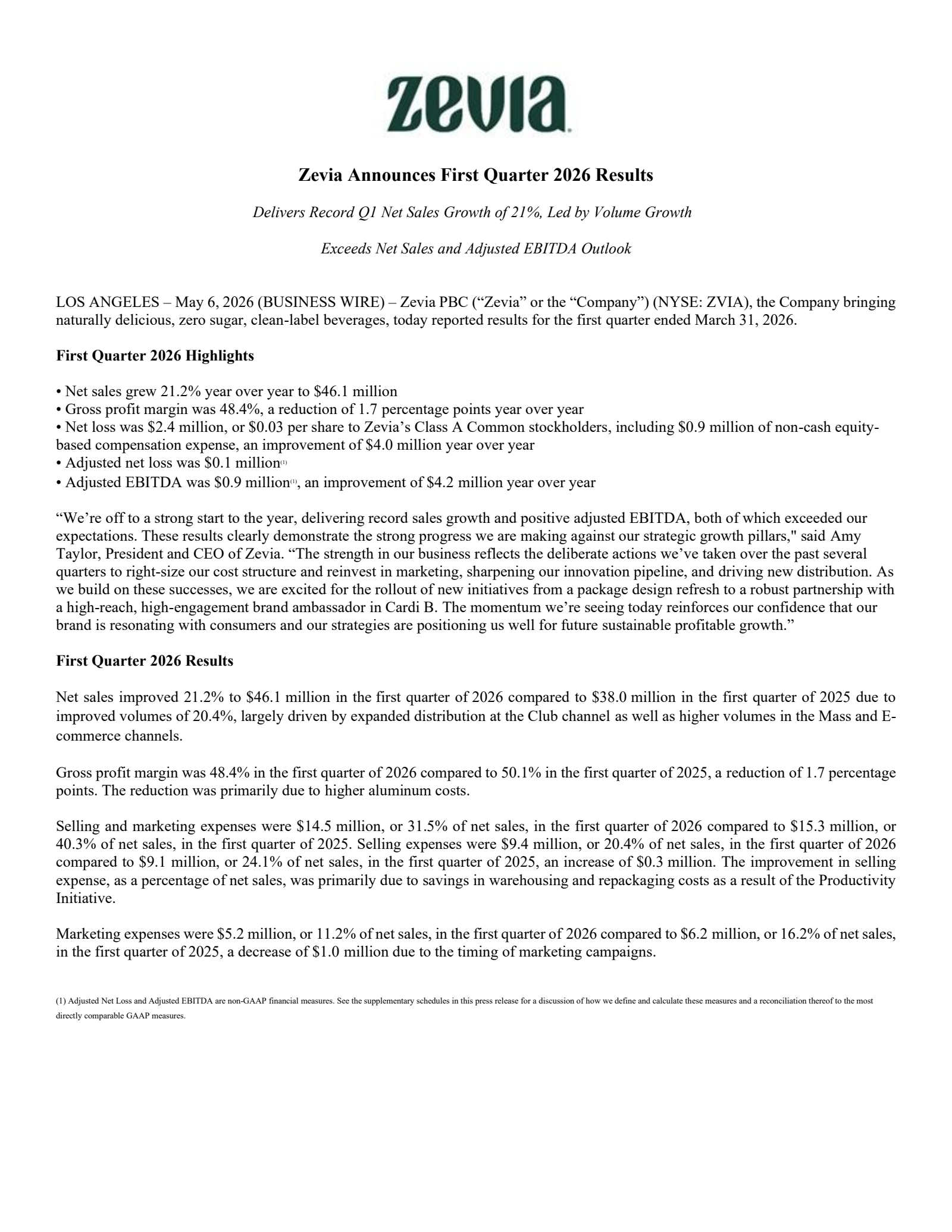 Zevia PBC's Q1 2026 Press Release