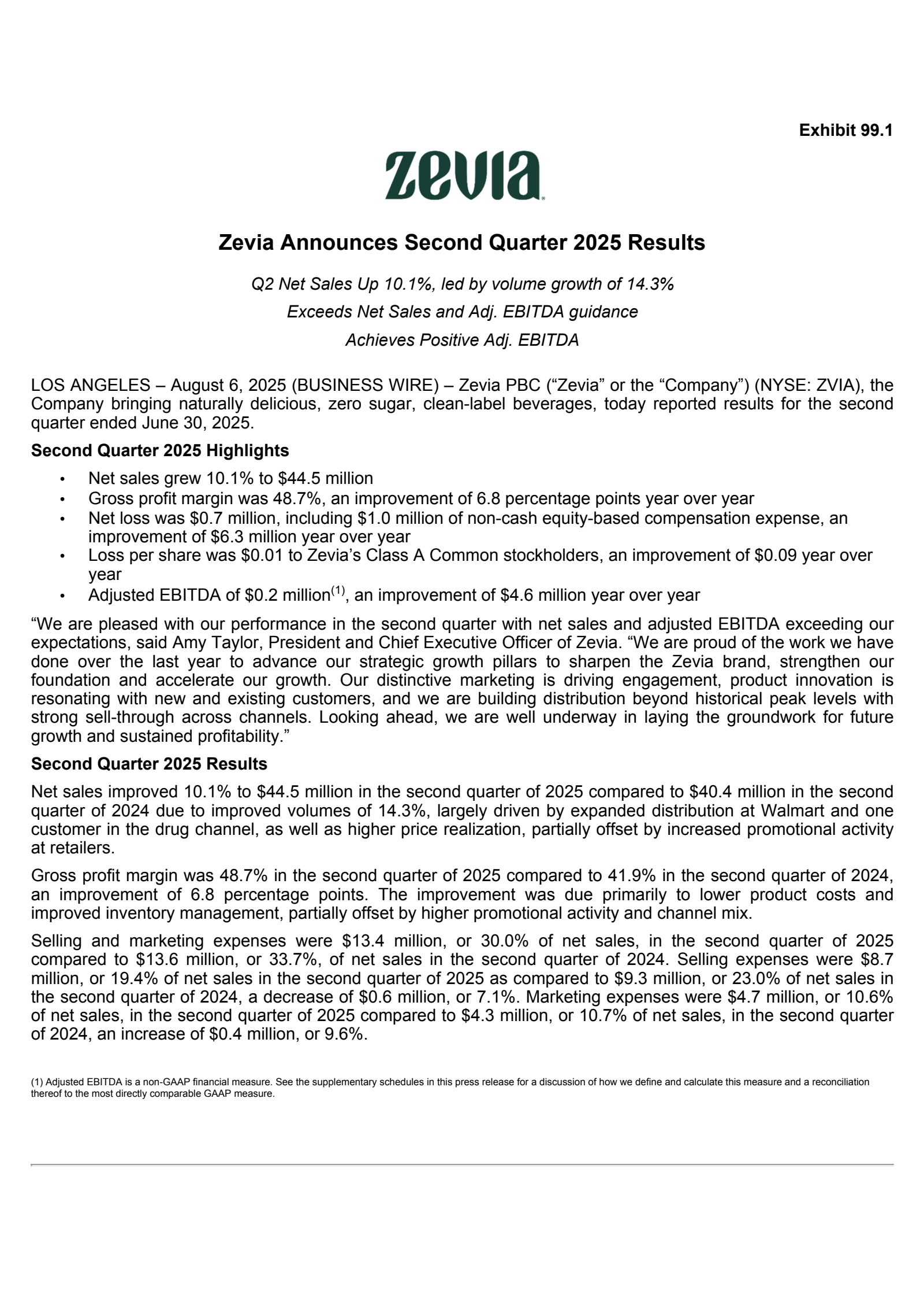 Zevia PBC's Q2 2025 Press Release
