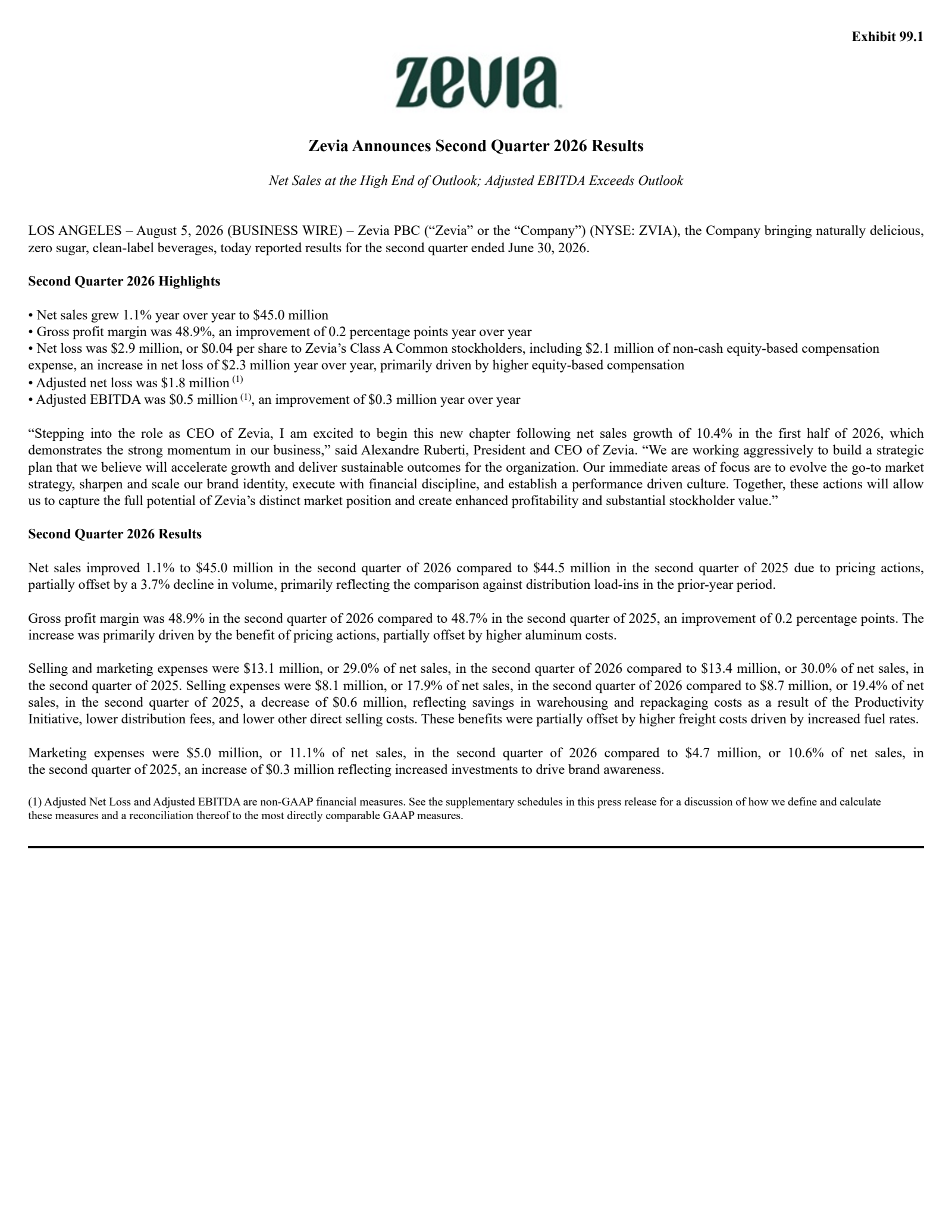 Zevia PBC's Q2 2026 Press Release