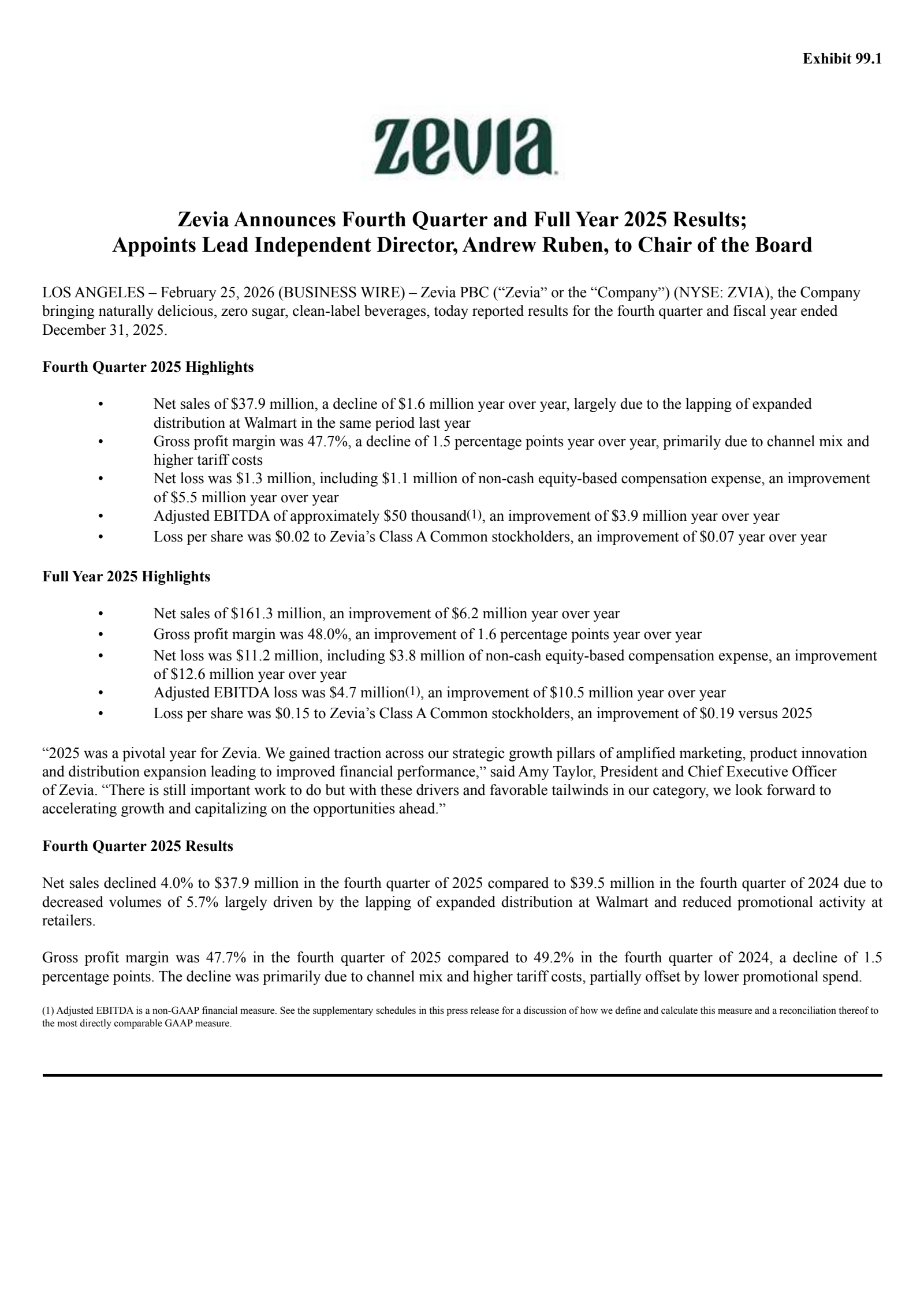 Zevia PBC's Q4 2025 Press Release