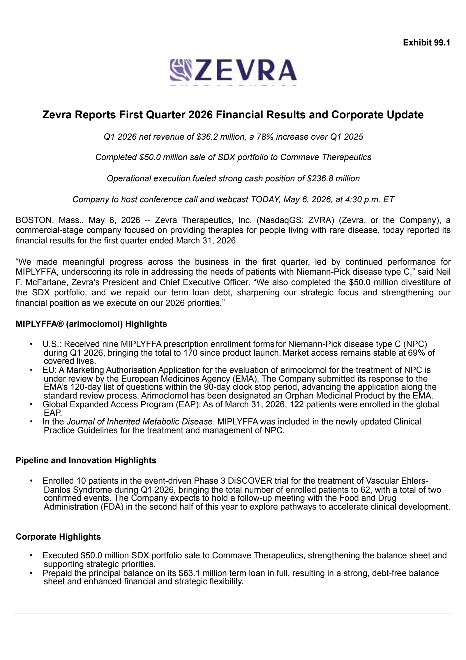 Zevra Therapeutics' Q1 2026 Press Release