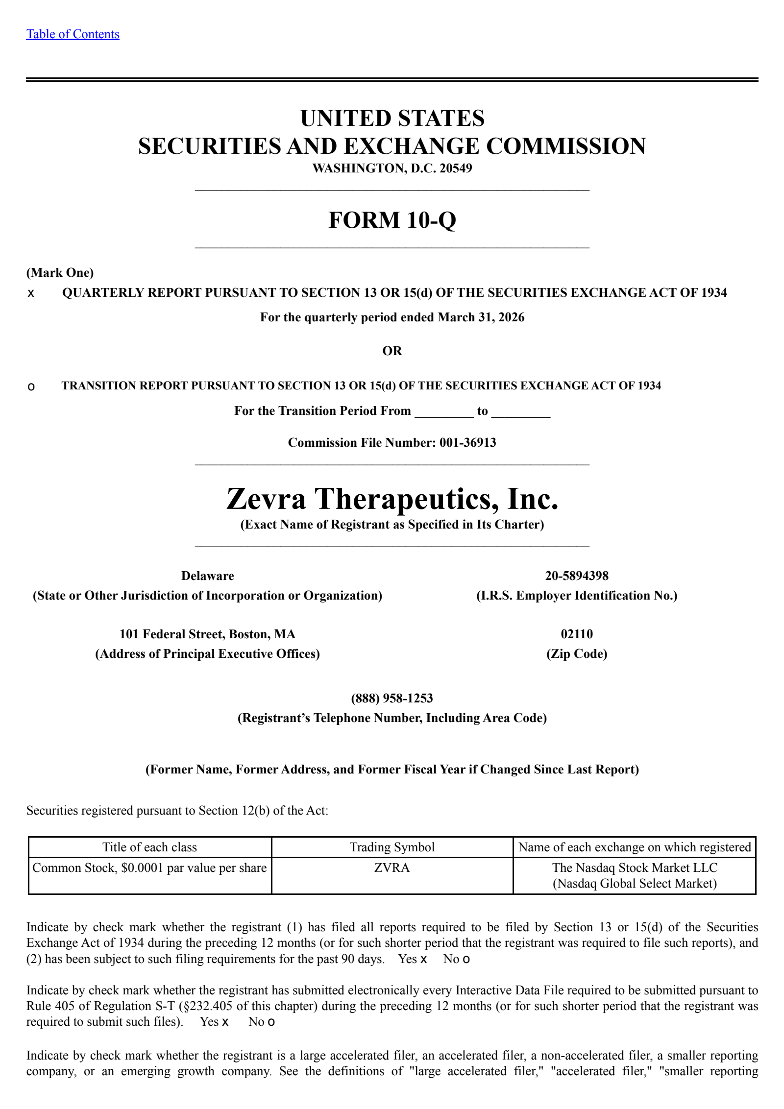 Zevra Therapeutics' Q1 2026 Quarterly report