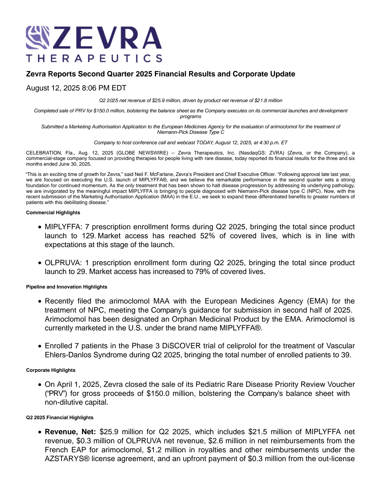 Zevra Therapeutics' Q2 2025 Press Release