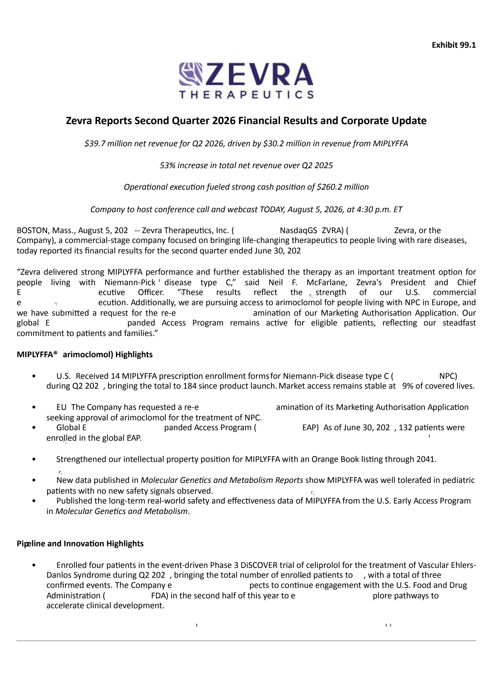 Zevra Therapeutics' Q2 2026 Press Release