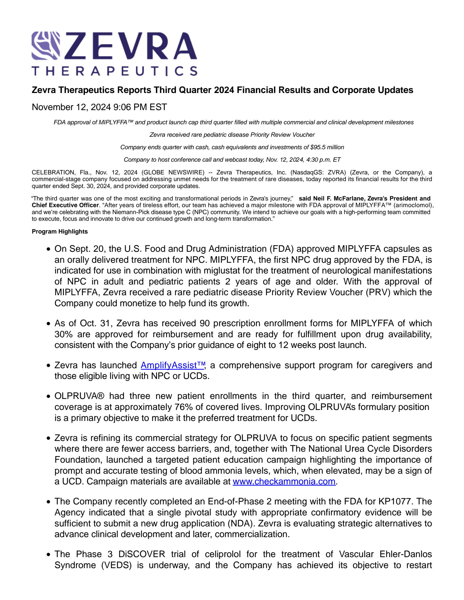 Zevra Therapeutics' Q3 2024 Press Release