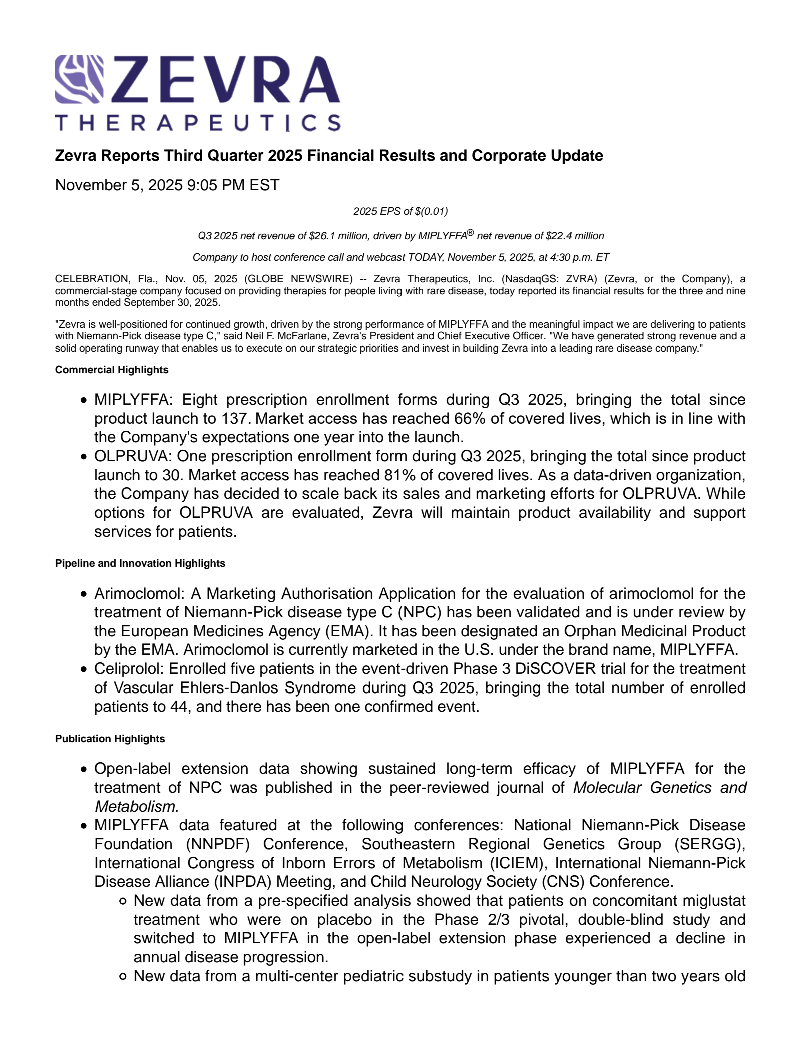 Zevra Therapeutics' Q3 2025 Earnings Release