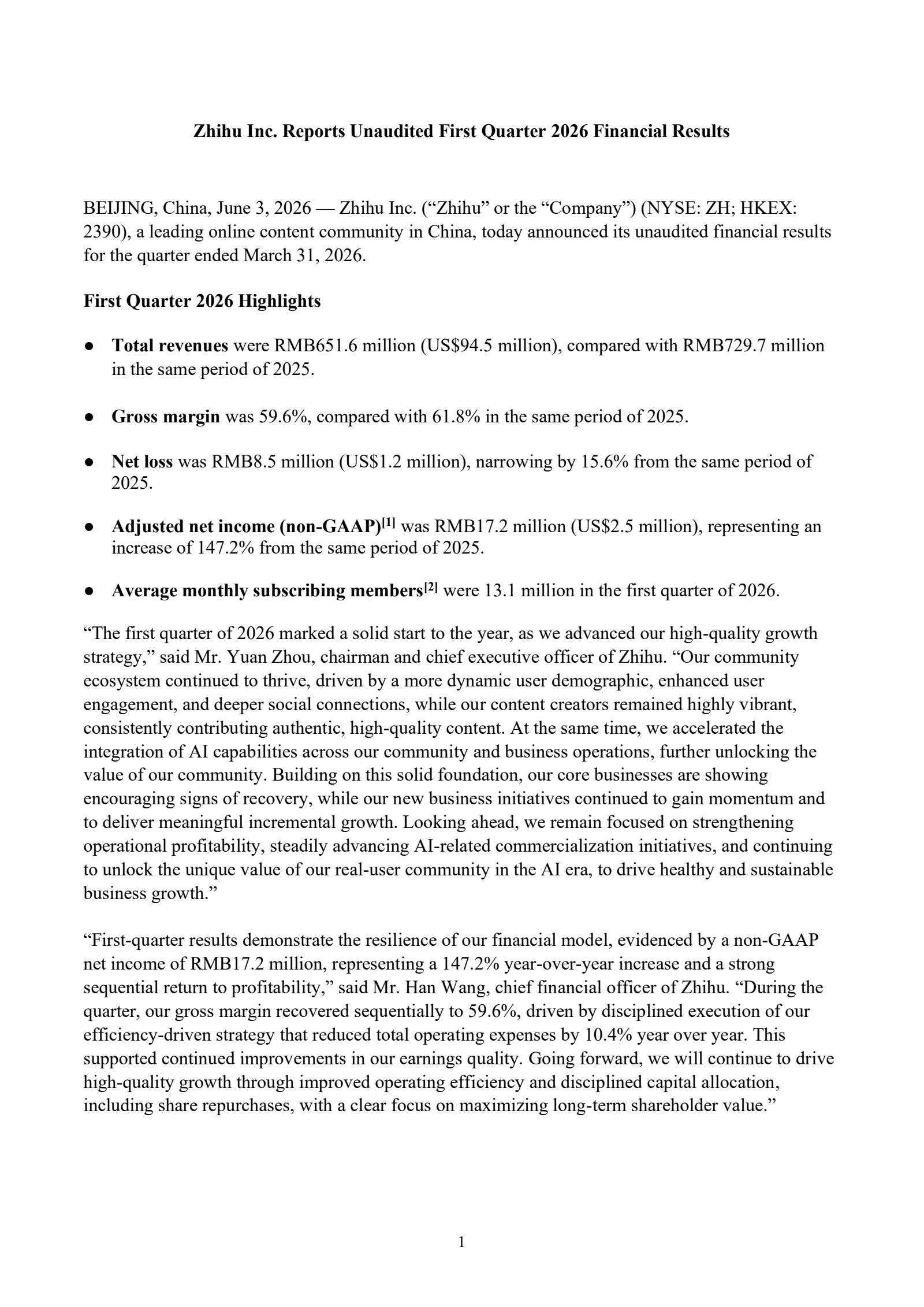 Zhihu's Q1 2026 Press Release