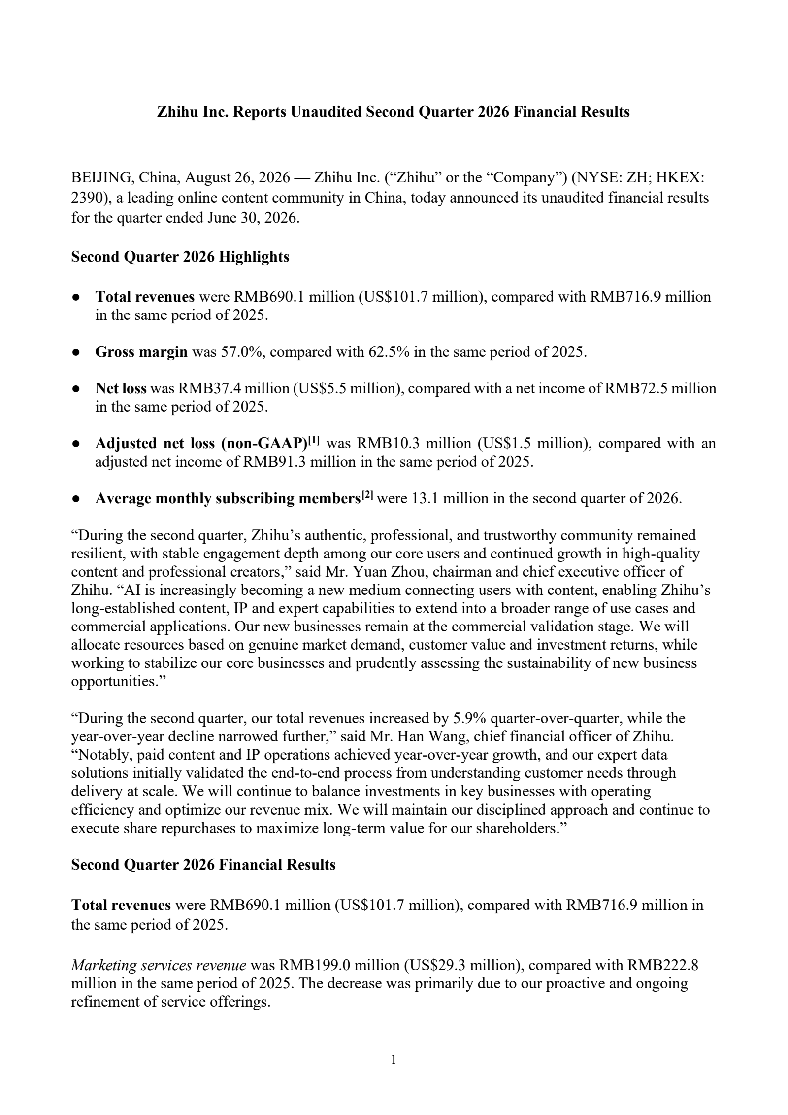 Zhihu's Q2 2026 Press Release