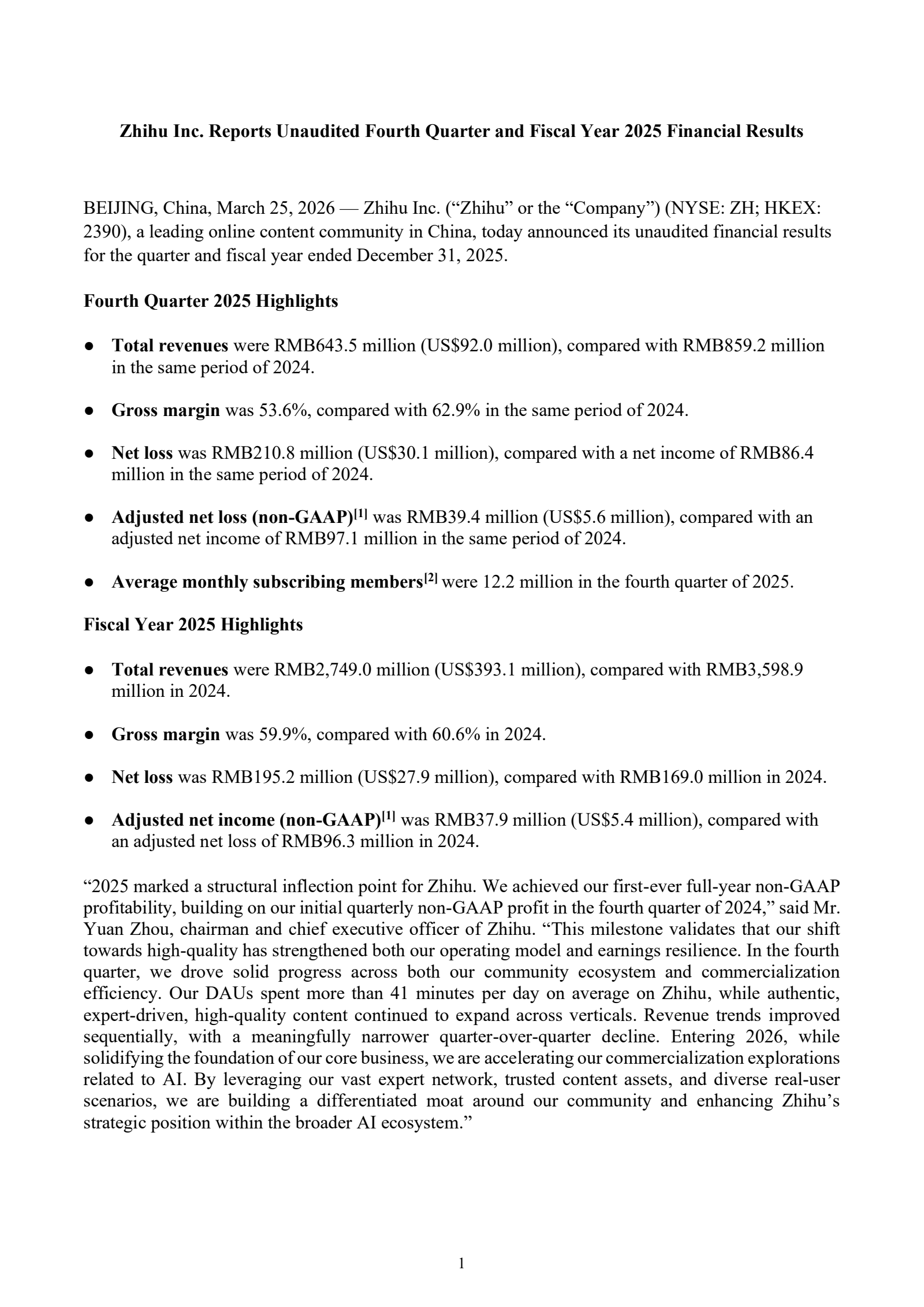Zhihu's Q4 2025 Press Release