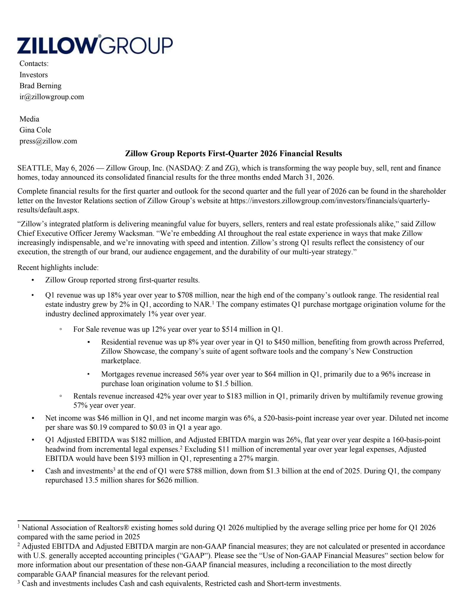Zillow Group's Q1 2026 Press Release