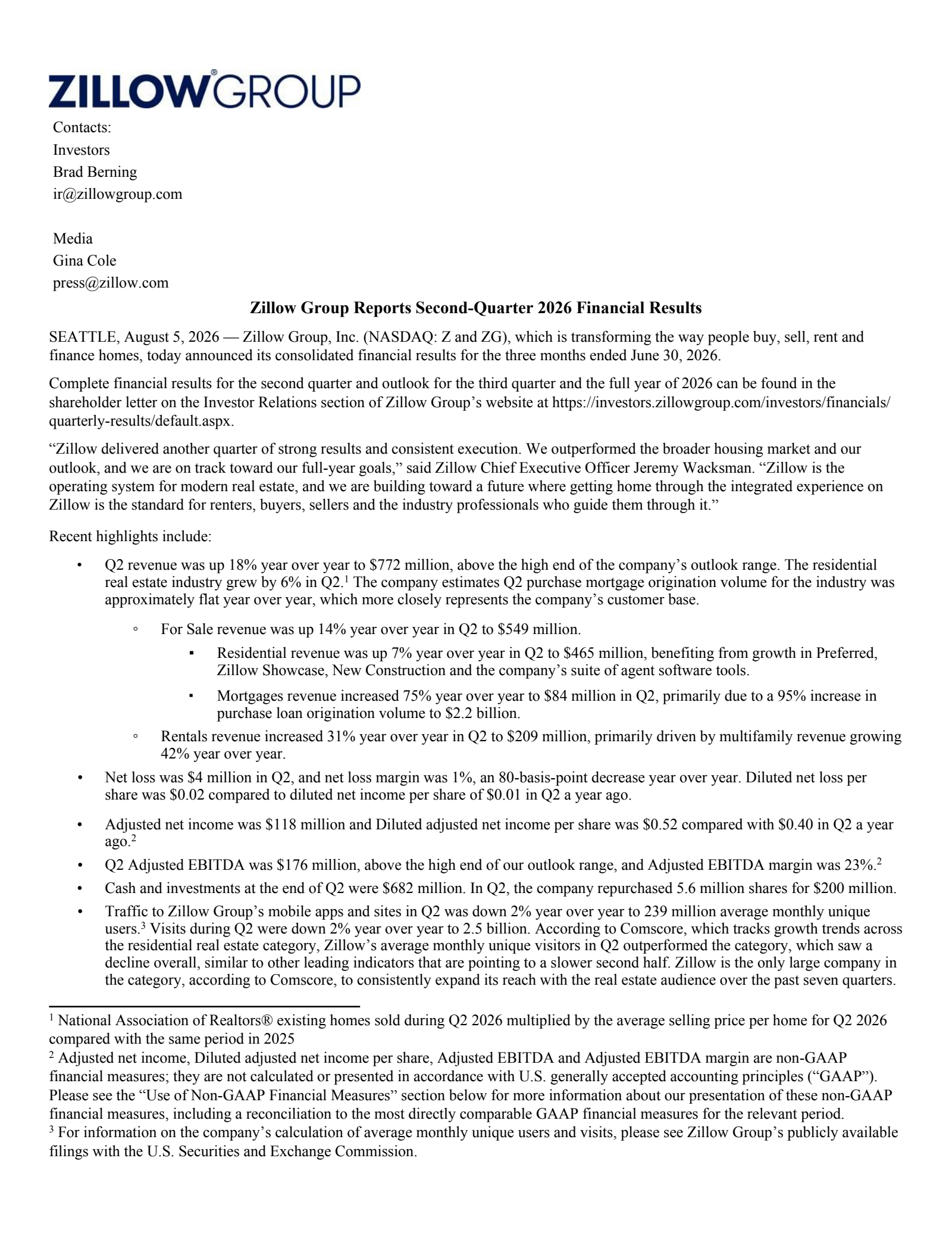 Zillow Group's Q2 2026 Press Release