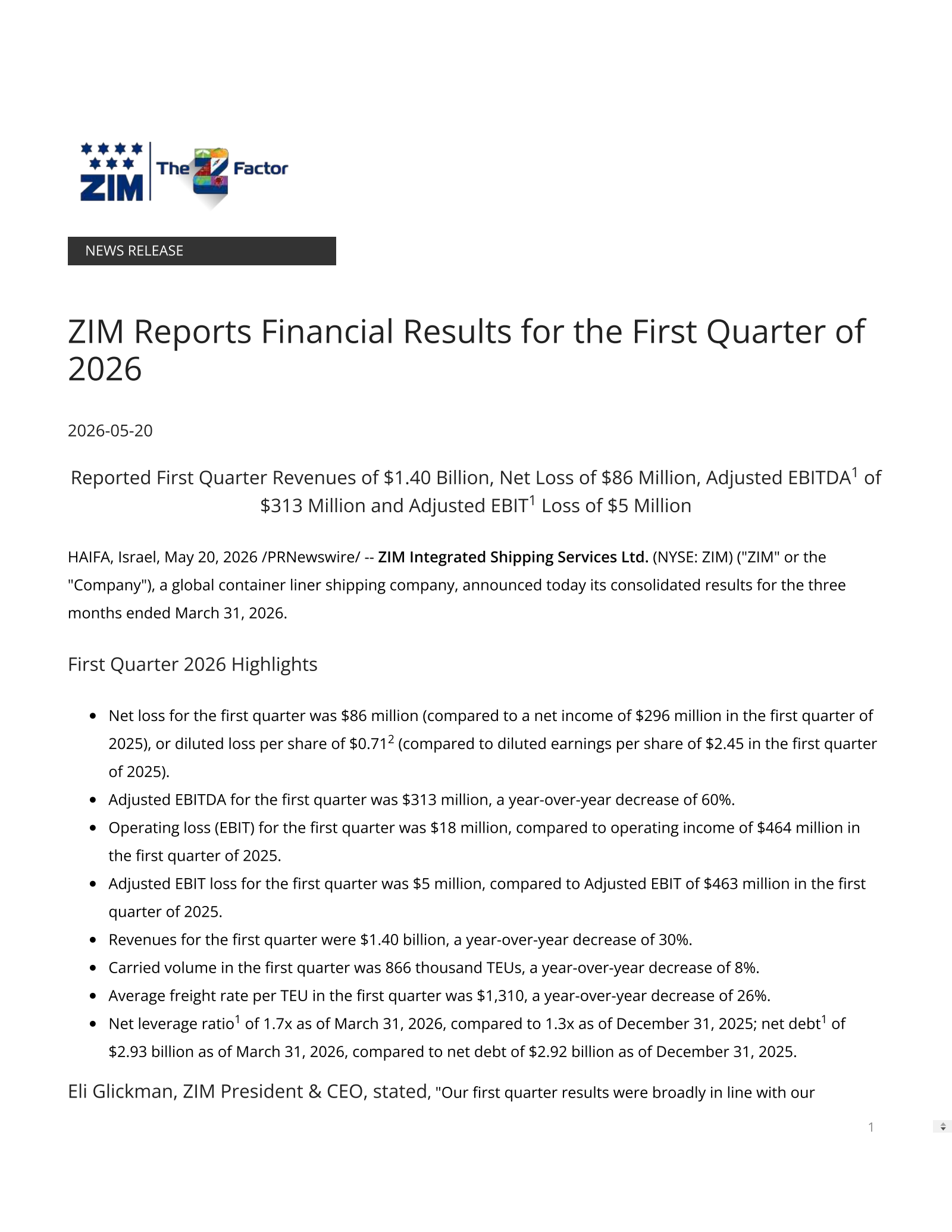 ZIM Integrated Shipping Services' Q1 2026 Press Release