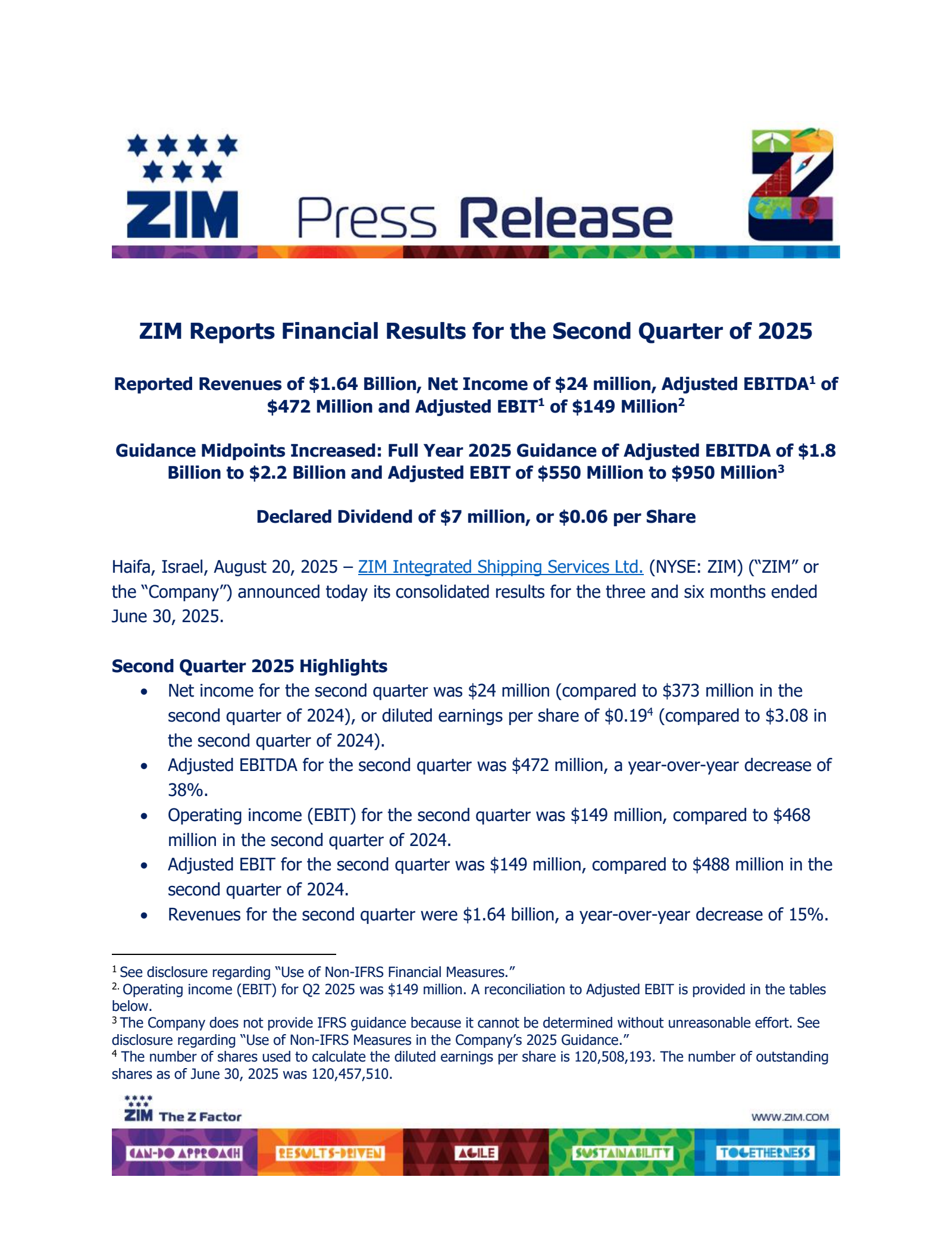 ZIM Integrated Shipping Services' Q2 2025 Press Release