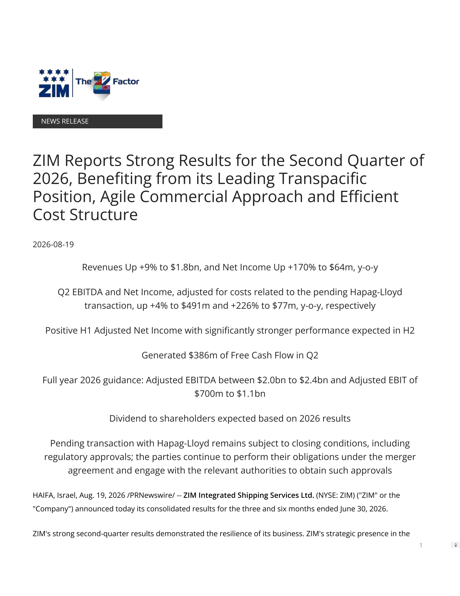 ZIM Integrated Shipping Services' Q2 2026 Press Release
