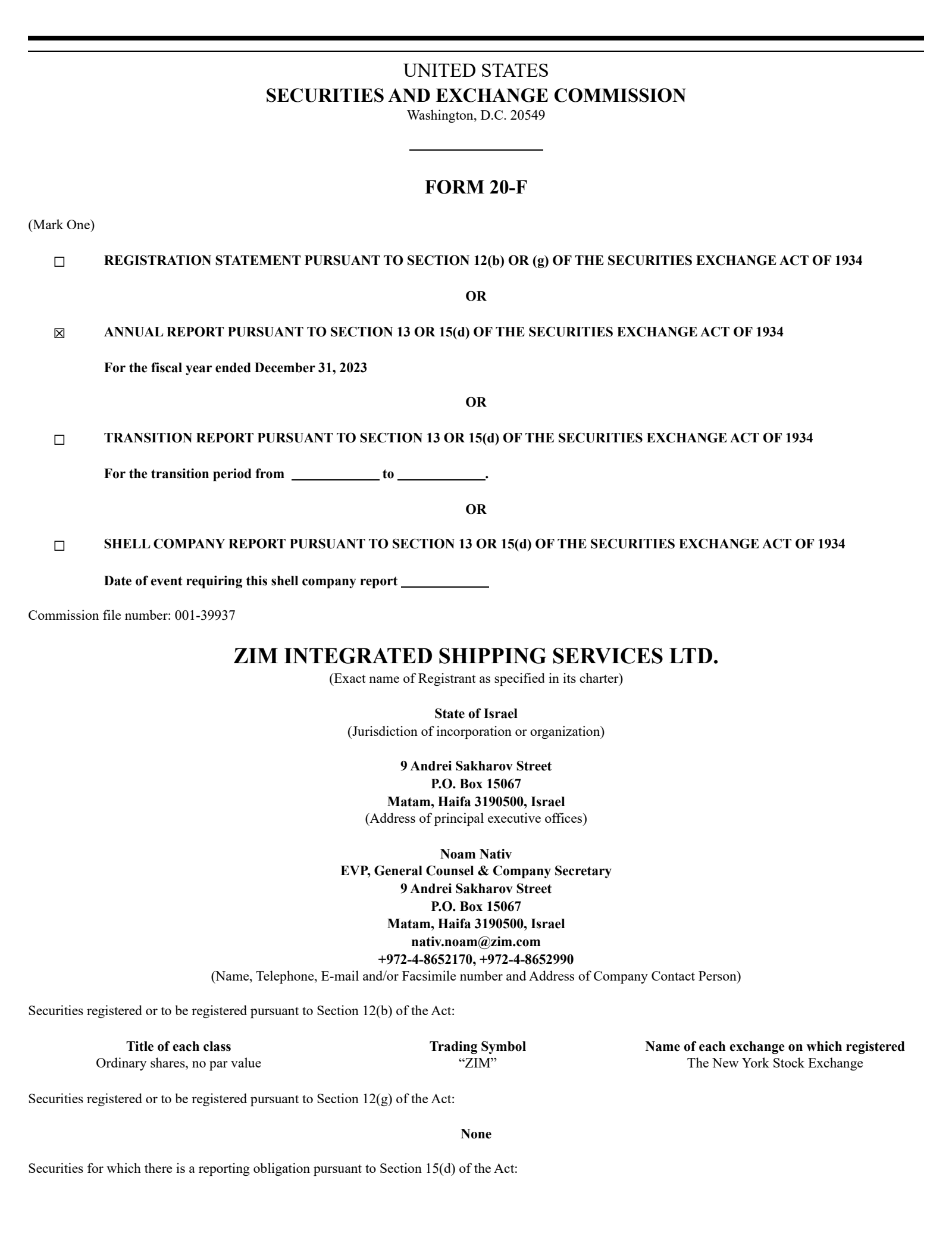 ZIM Integrated Shipping Services' Q4 2023 Annual Report
