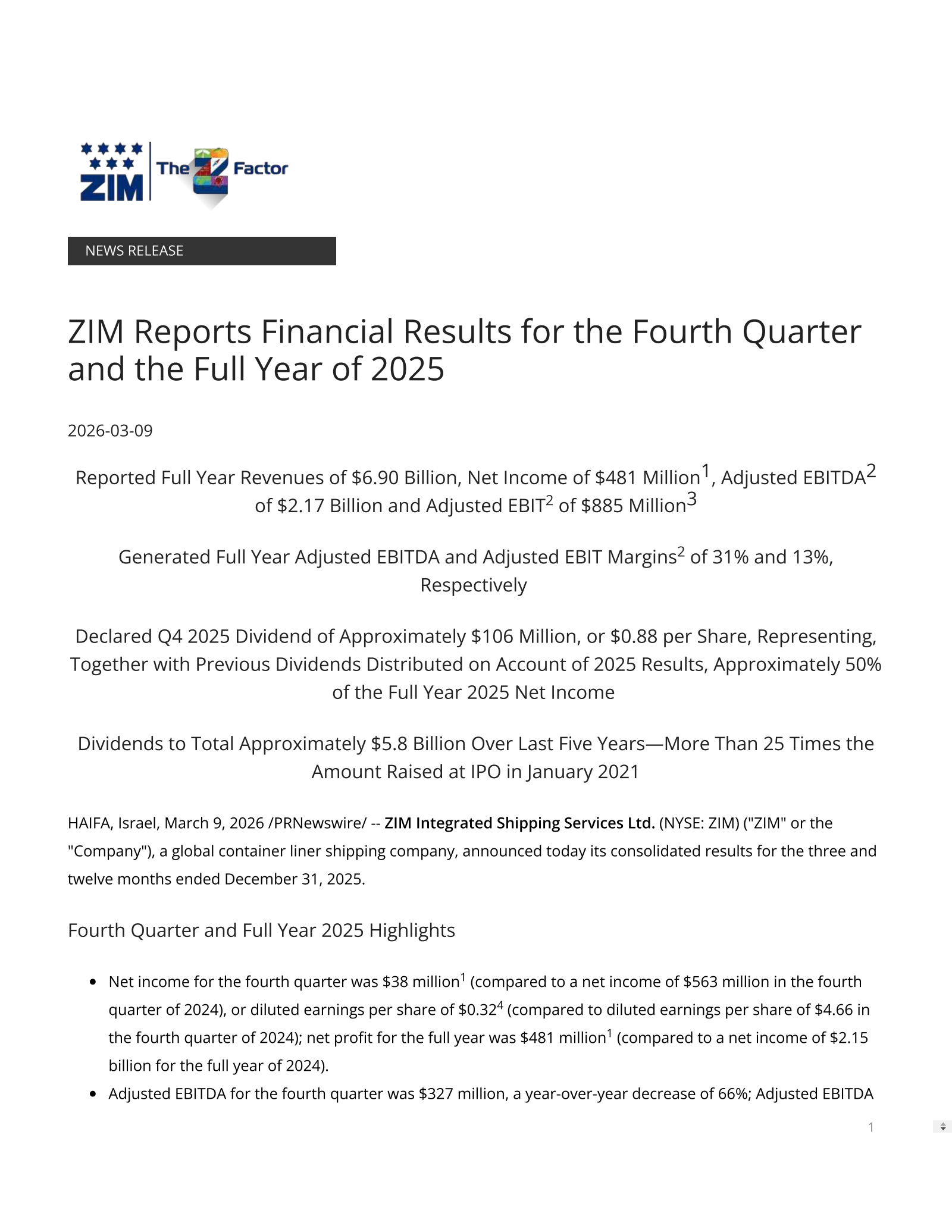 ZIM Integrated Shipping Services' Q4 2025 Press Release