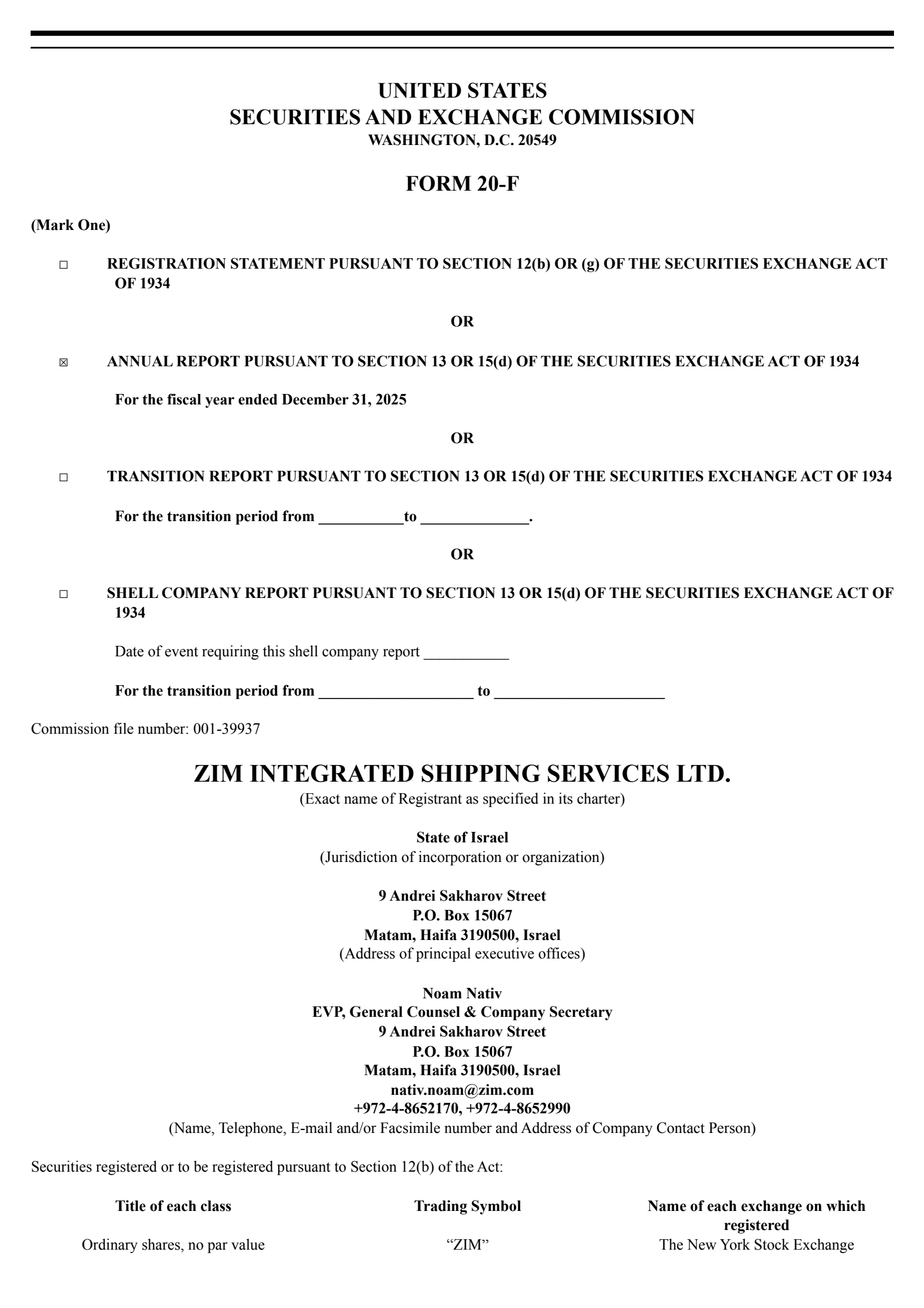 ZIM Integrated Shipping Services' Q4 2025 Annual report