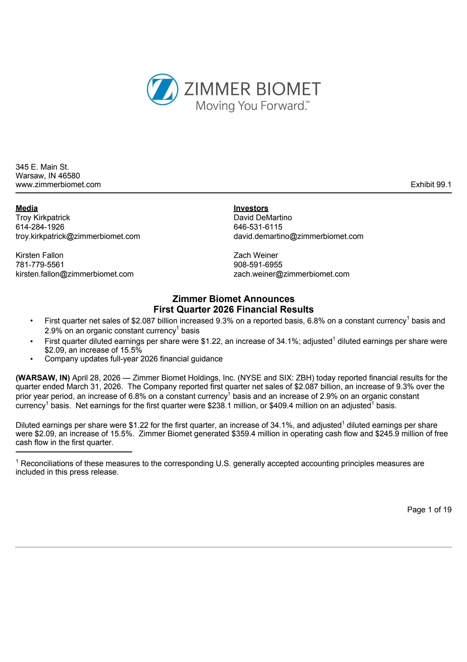 Zimmer Biomet's Q1 2026 Press Release