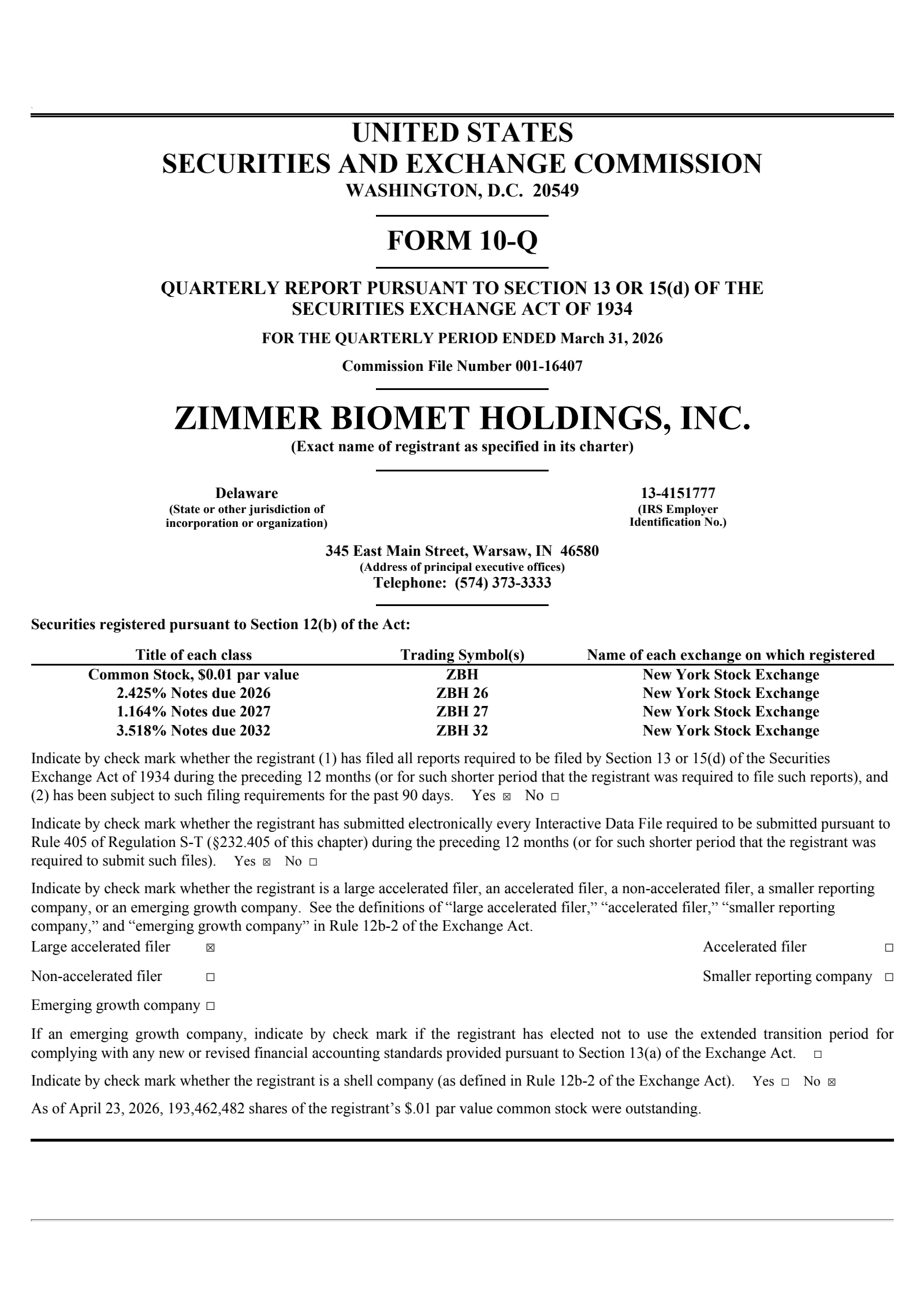 Zimmer Biomet's Q1 2026 Quarterly report