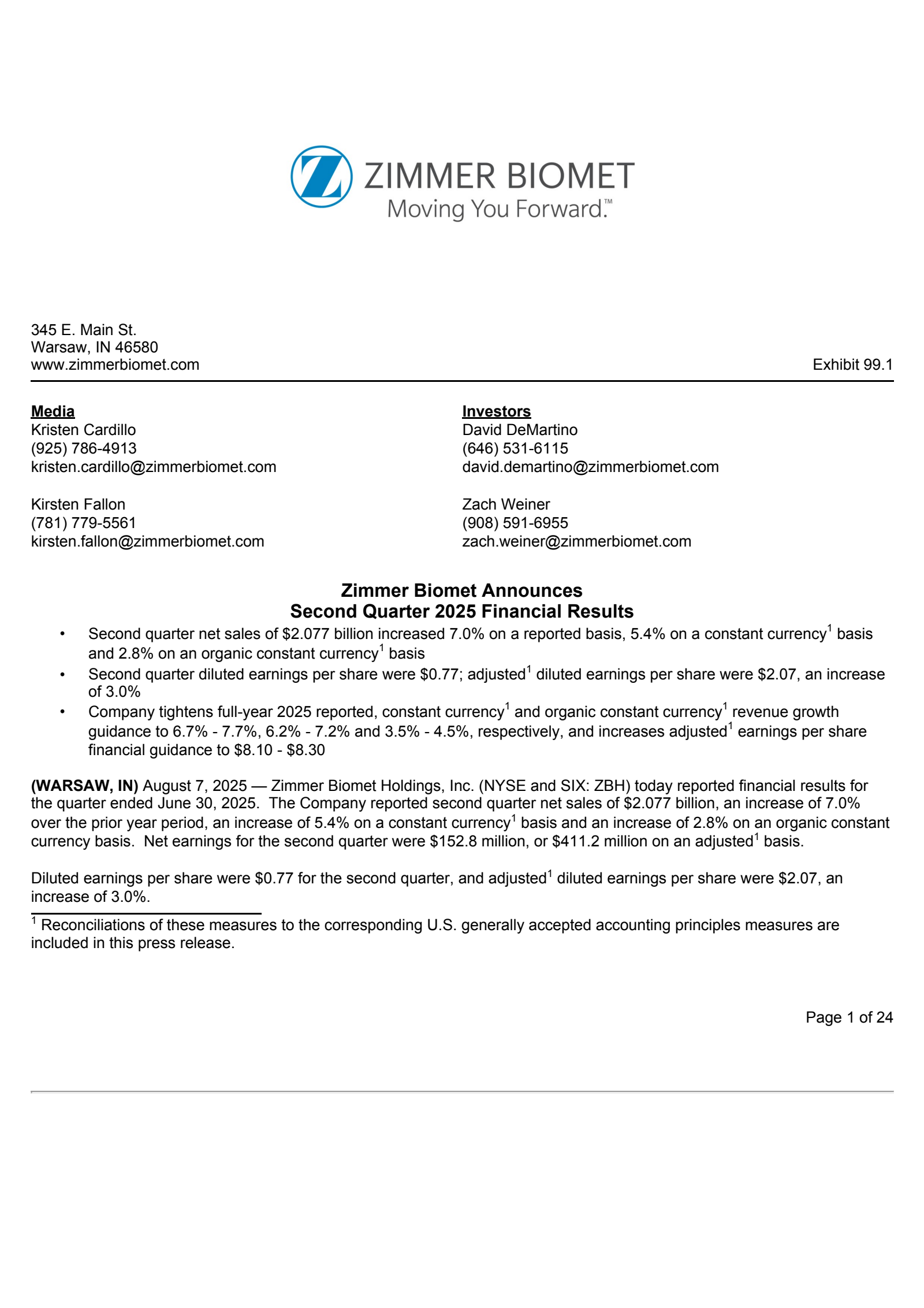 Zimmer Biomet's Q2 2025 Press Release