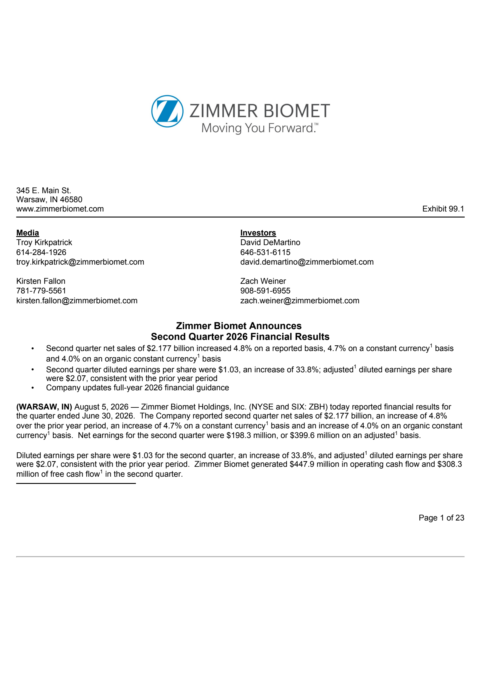 Zimmer Biomet's Q2 2026 Press Release