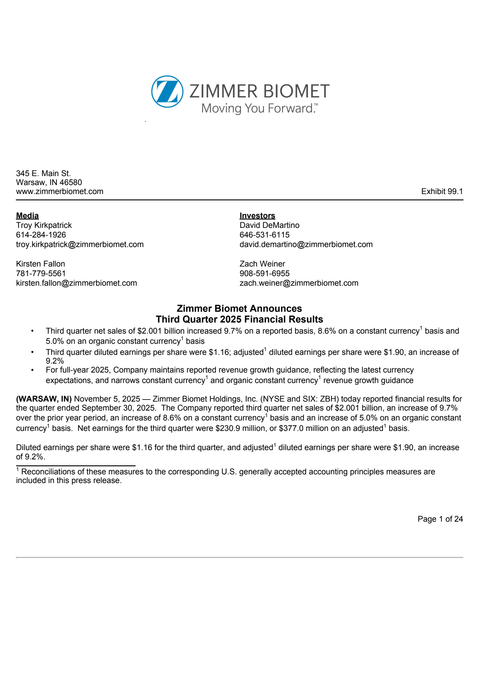 Zimmer Biomet's Q3 2025 Earnings Release