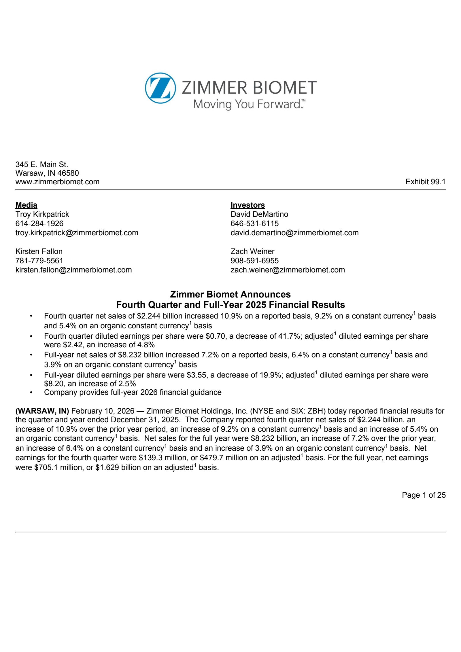 Zimmer Biomet's Q4 2025 Press Release