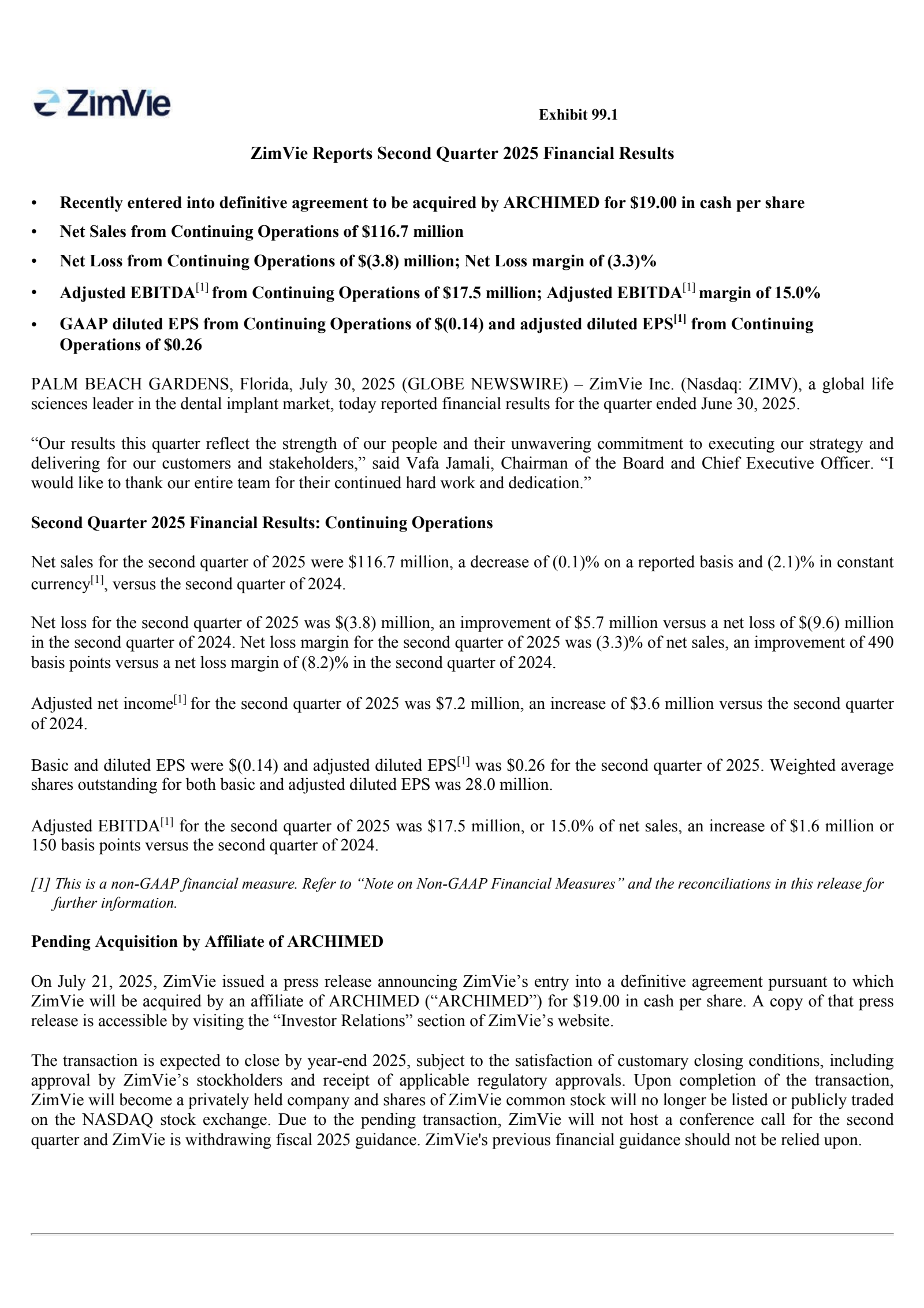 ZimVie's Q2 2025 Press Release