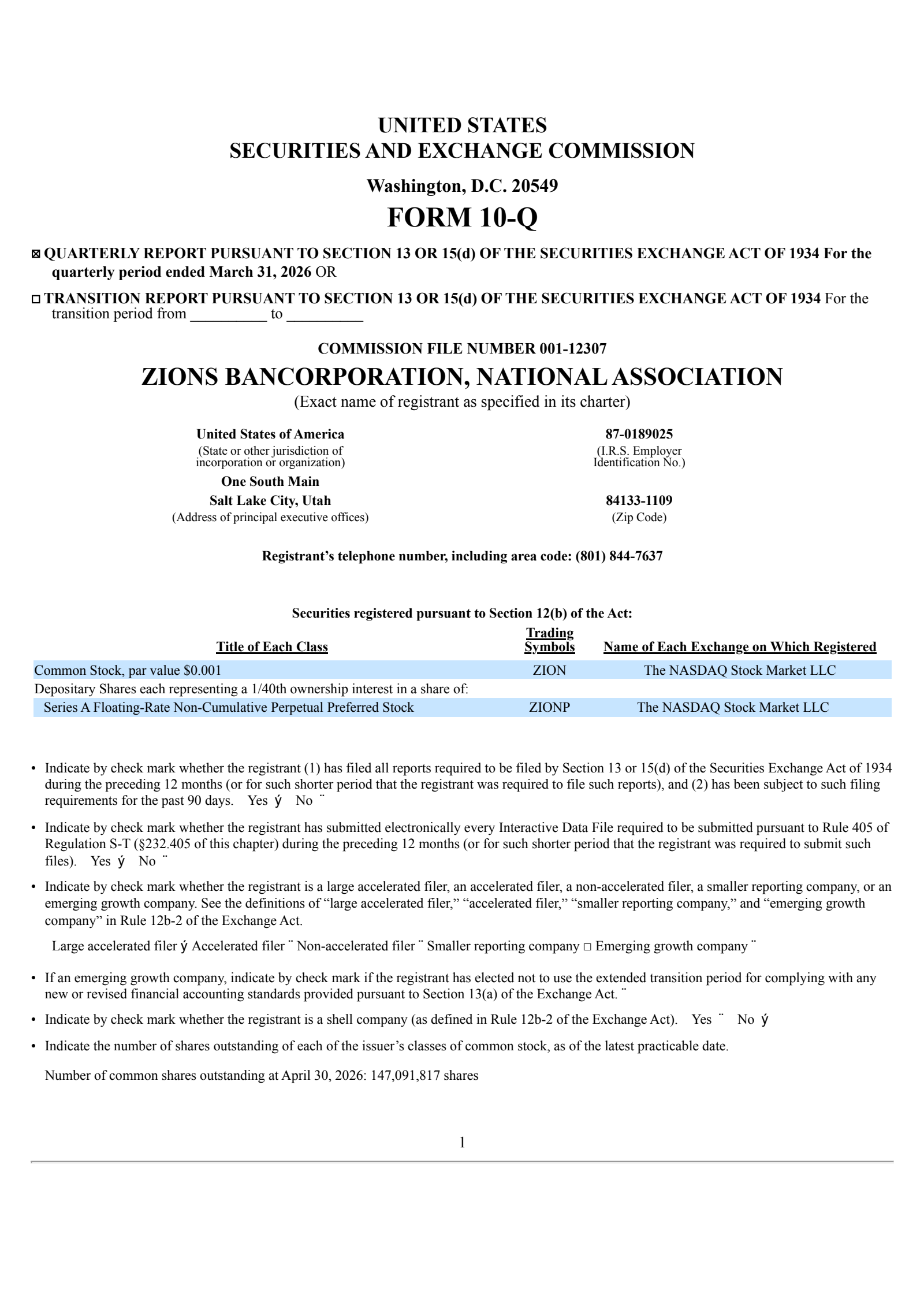 Zions Bancorporation, N.A.'s Q1 2026 Quarterly report