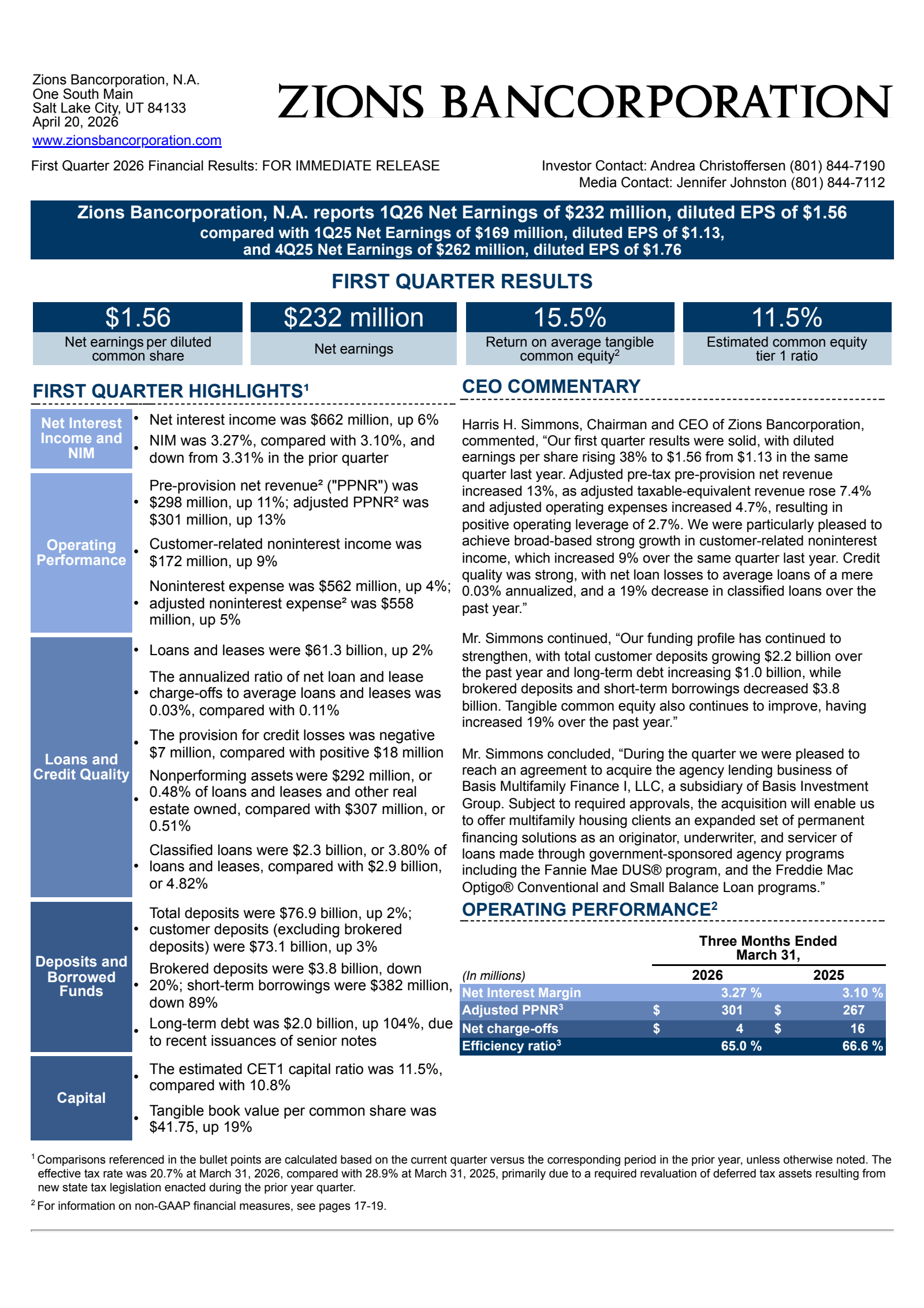 Zions Bancorporation, N.A.'s Q1 2026 Press Release